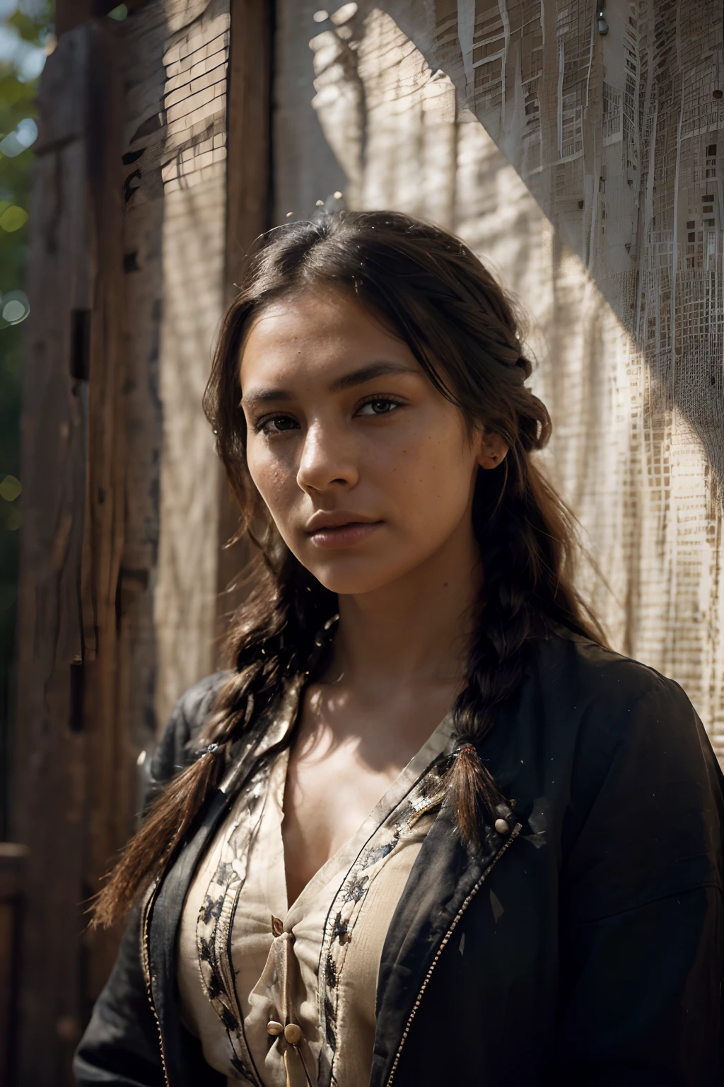 30yo Lakota woman, Native Indigenous female, ((photo taken is sepia, tintype photo, portrait,(high contrast))), (deep, darkest shadows), (35mm film), high contrast,((taken using Leica camera, aperature: f/2.8)) ,(kkw-ph1:0.9), hyper-realistic skin, (she is tattooed), (she's wearing dark contemporary chic jacket with intricate colorful bead work:1.2),( layers of clothes)), background: indian reservation Dakotas USA, intricated beaded mural, most beautiful woman, (her hair is pitch dark, messy braid), she in dark with natural light glow, radiant skin , (sun accents her features),intense eye contact, tough, confident, a stunning woman, (relaxed , composed, ), (hyper-detailed bead fabric texture, shirt pattern, fabric, (naturally backlit)), (highest quality fabric texture: 1.2), sepia film, vintage, accent highlights, shadows, film quality, cinematic, powerful image, strong woman, minimal, atmospheric air, (ultra-realistic ,soft accent light, gorgeous natural lighting, (stunning facial lighting)), (highest quality fabric texture),, High-realism hair and skin, (ultra-realistic skin, Native woman ), stylish elegance, Finely detailed,(Fine-grained), (highest detail skin texture peach-fuzz, freckles, skin realistic,) ○○ res – ultra high high resolution , very high texture (film negative grain highlights resolution), Photorealistic hands and fingers – (photorealistic beautiful 4k) , 8K,extreme detail, close and intimate, close-up, Her perfectly framed face, plains indian woman, a work of art, beautiful composition, solo woman, (highest quality fabric texture), dark thick hair, every detail,Fine facial features, Masterpiece – (Highest Quality) ,Leica camera film, High quality ○○ detailed – ○○ details ultra detailed(Ultra-fine ), Photorealistic, Extremely detailed(Extremely detailed) , Finely detailed, (highest detail image, lens flare, realistic)○○ res – ○○ resolution ultra high res(A high resolution), intimate and relaxed