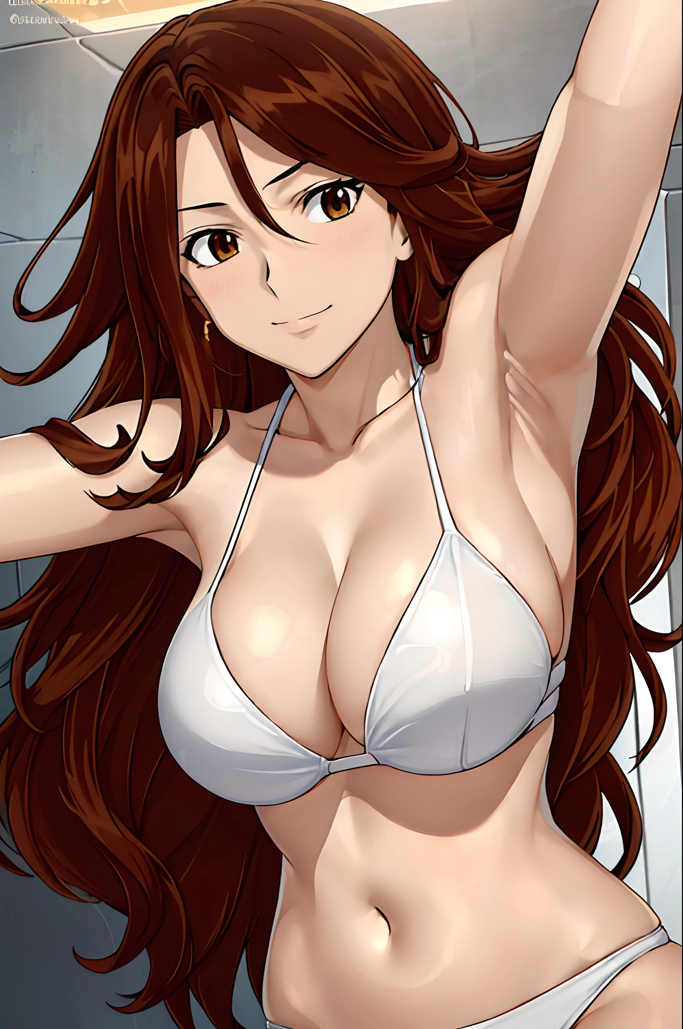 Selfie shot, detailed face, upper body view, detailed body, 4k, Sumergai Lee Noriega, best quality, anime style, hires, highest definition, digital blending, bold drawing lines, ((), (slender body), mature woman, (female wrestler, white wrestling bikini), cheerful, gorgeous, smile, (closed mouth), (pale skin, shiny skin, lighting and shadow), (cleavage), (clean face), (warming up), closed fists, (brown hair, curly hair, long hair), 27 years old, sexy