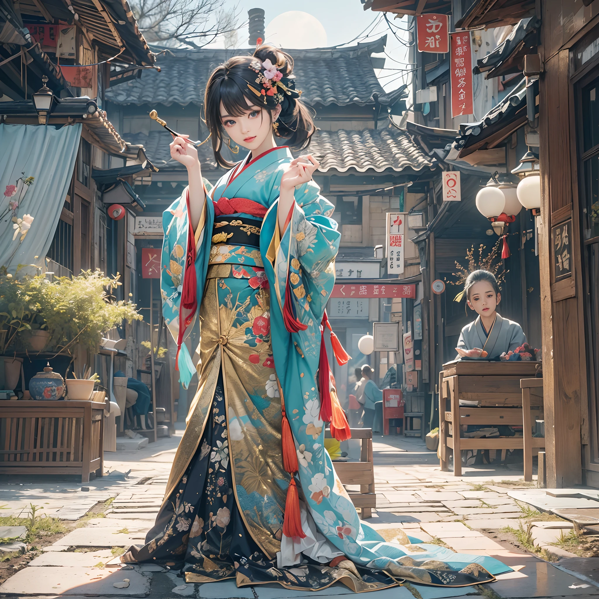 watching at viewers、Background with((ancient city:1.2)And the moon、(dense background:1.5))、BREAK {{{Luxury kimono(Colorful kimono(Detailed golden embroidery,))}}}、face perfect,Depict a beautiful and graceful woman of Japan,poneyTail、Woman with shiny black hair、perfect hand,Heart in the eye。odd eye,full body Esbian,Blur the background with a sickle,((masutepiece)), ((Best Quality))Wallpapers 16K, .Blur the background with a sickle,BREAK,((masutepiece)), ((Best Quality)),epicd(Lige Fries Photography、sony a7、50 millimeters、pores:1.5、Farbe、ultra-detailliert:1.5、film grains:1.4、hyper realisitic:1.5)、octan render、 ultra realistic lifelike textures、​masterpiece、unrealengine5、the Extremely Detailed CG Unity 8K Wallpapers、Madly detailed photo、Ultra-realistic light、(Pulitzer Prize for Best Photography、Taylor Wessing Award for Best Photography)