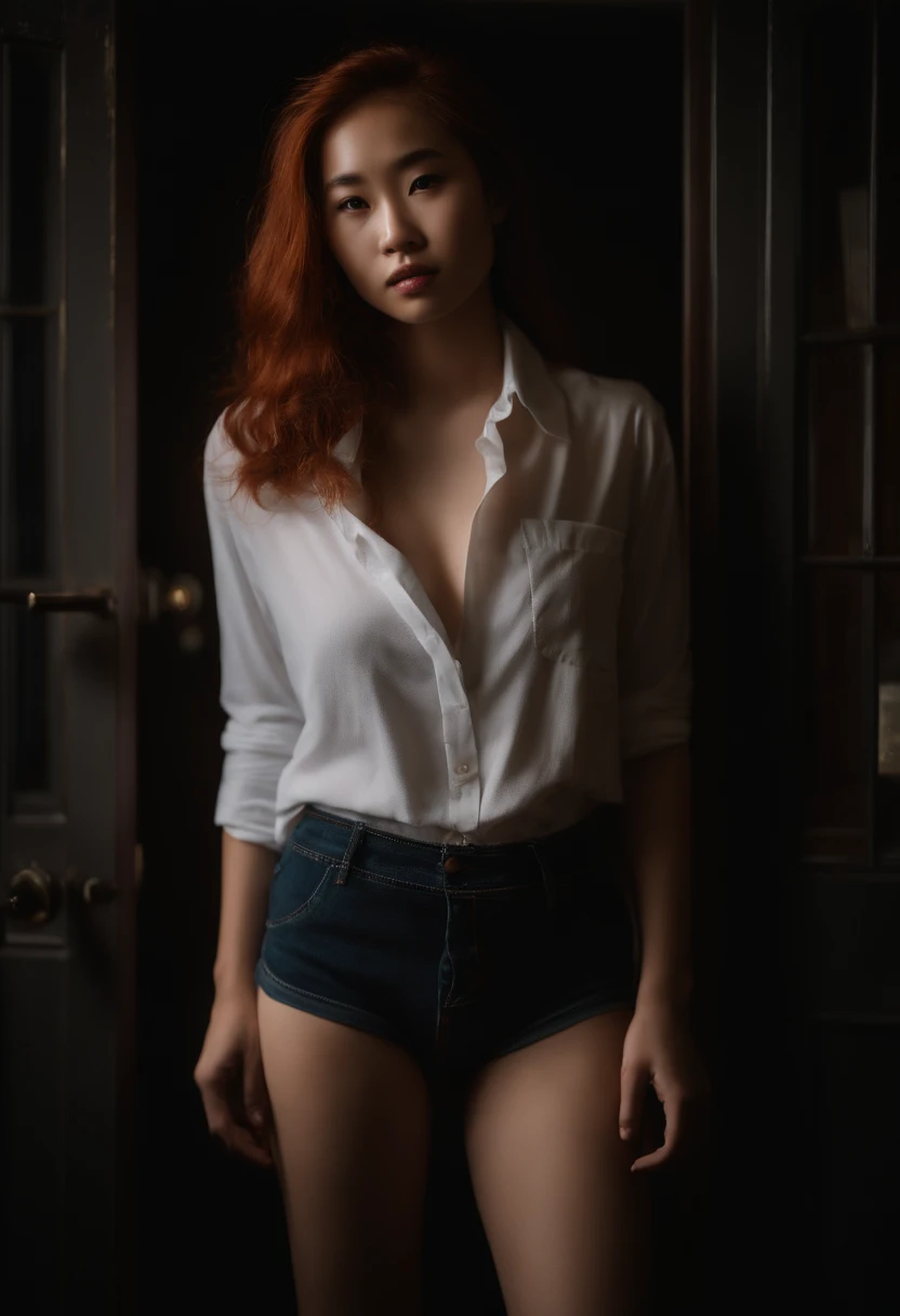 Portrait of a beautiful 18-year-old petit teen, redhead, gorgeous Chinese, in cotton panties, at the door, (dark private office, dark and melancholy light: 1.2)