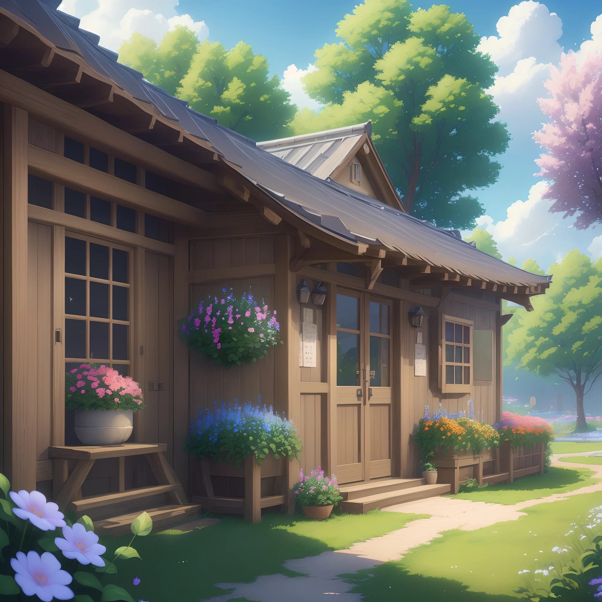 Masterpiece, best quality, (very detailed CG unity 8k wallpaper) (best quality), (best illustration), anime, village, flowers, blue sky, --v6