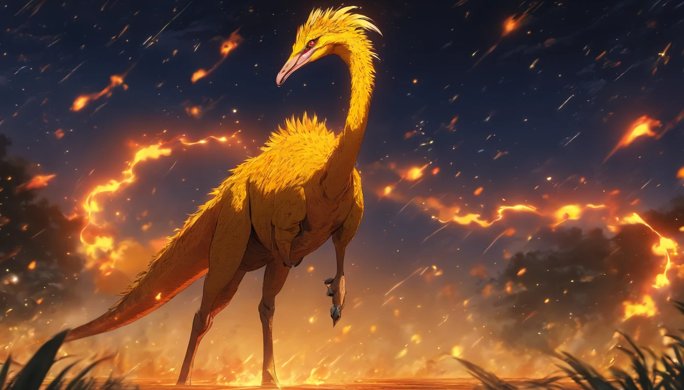 Gallimimus, brillent yellow and orange, flames covering its back, a fireball streaking across the night sky, Fire Bolt, masterpiece, best quality