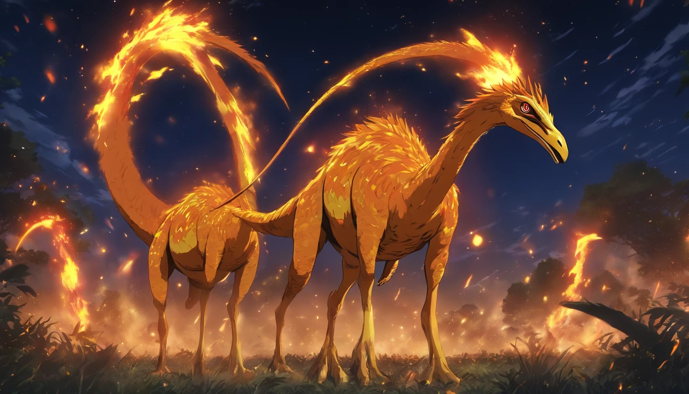 Gallimimus, brillent yellow and orange, flames covering its back, a fireball streaking across the night sky, Fire Bolt, masterpiece, best quality