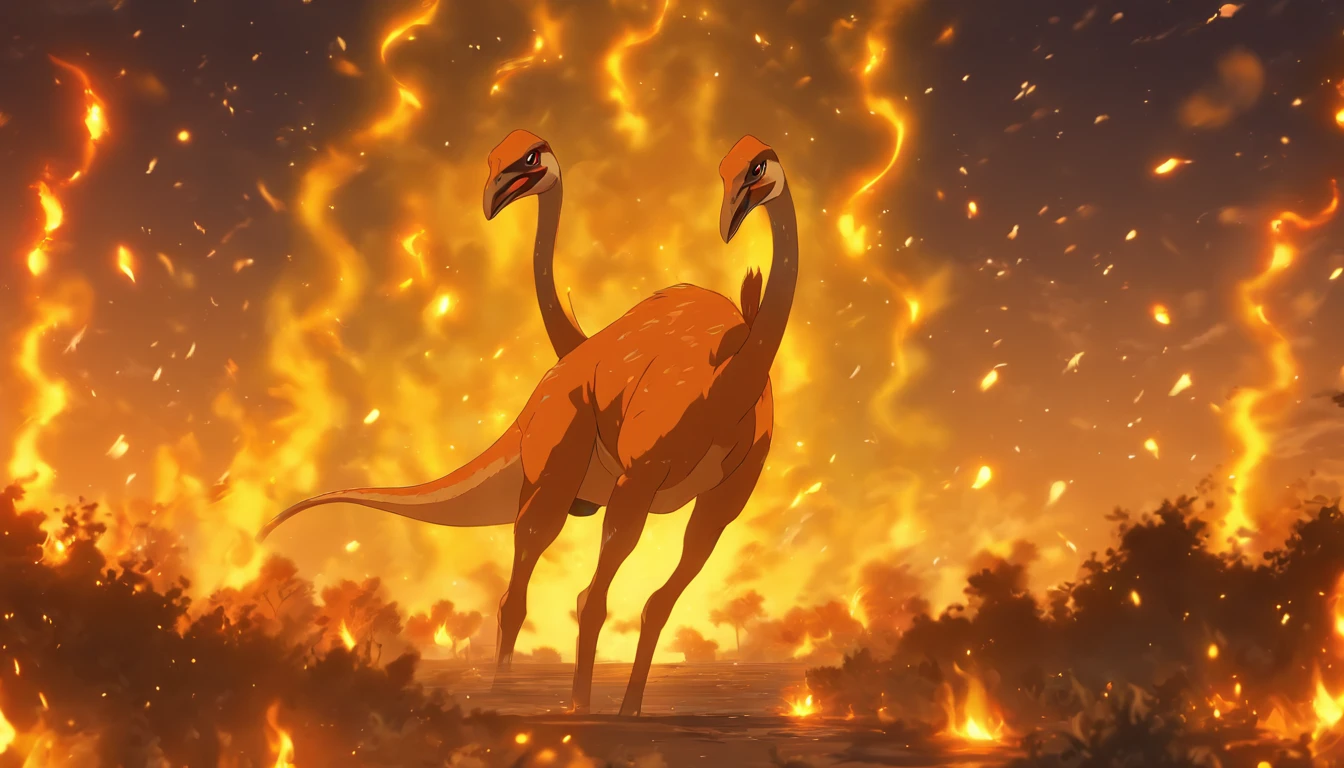 Gallimimus, brillent yellow and orange, flames covering its back, a fireball streaking across the night sky, Fire Bolt, masterpiece, best quality