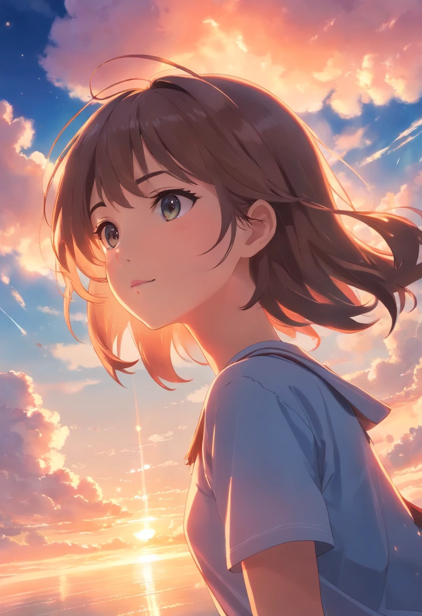 masterpiece, best quality, movie still, 1girl, cloud girl, floating in the sky, close-up, bright, happy, warm soft lighting, sunset, (sparks:0.7)