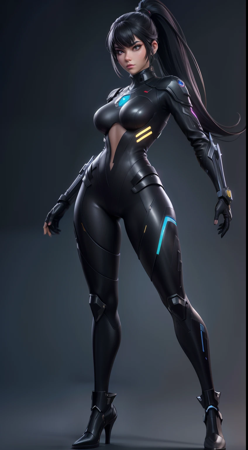 solo, super fine photo, full body digital art Unreal Engine 5 8K UHD of a girl, concept art, character concept design, wearing black tight shiny suit with cybernetic details, high-tech armor, long black glove, ponytail hair, half face cybernetic mask, cyberpunk character, futuristic city fantasy background, best quality, masterpiece, super detailed, sharp focus, female pose