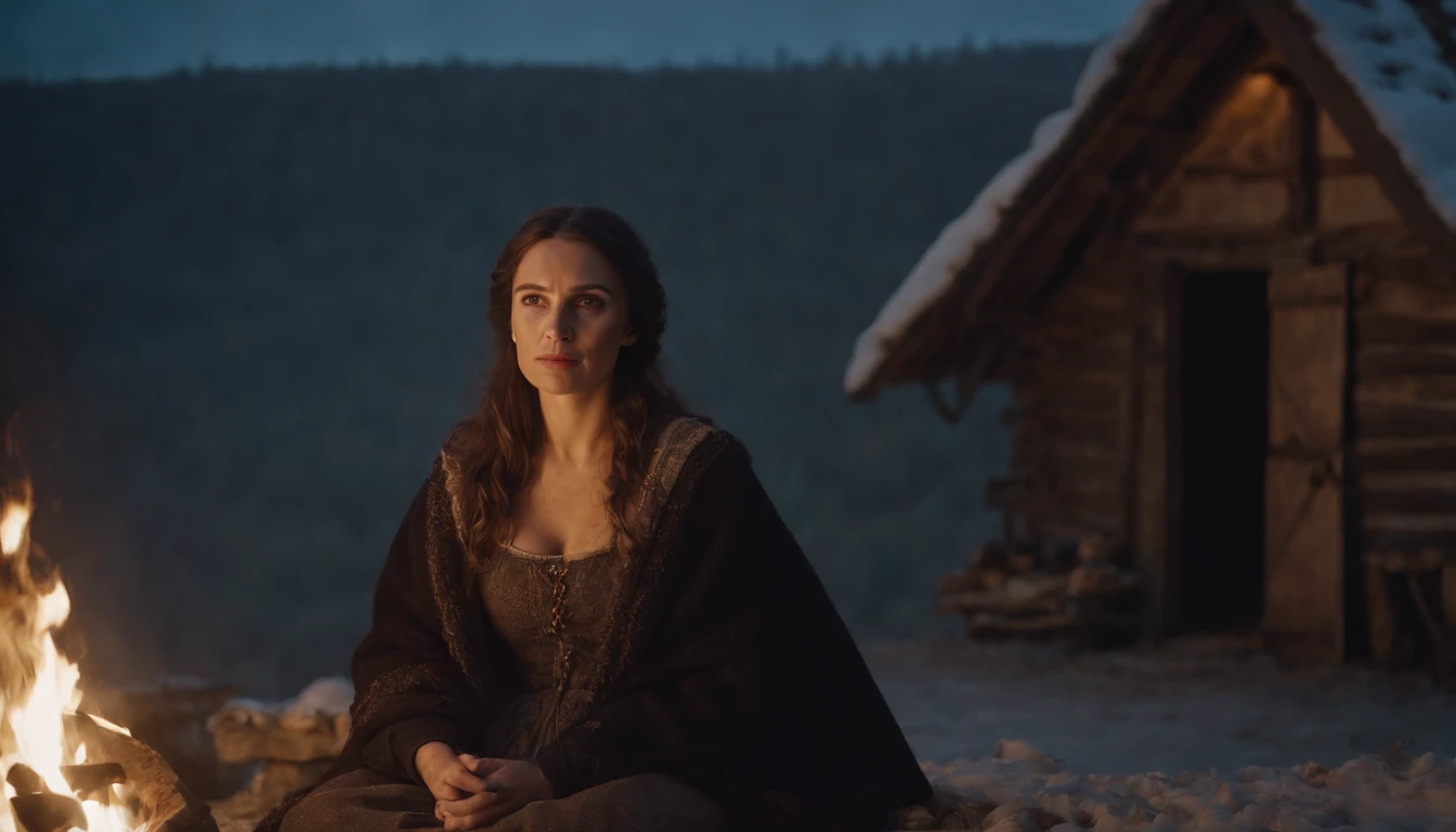 medieval Hungary, night, snow, gypsy woman sits beside a fire casting a spell, eerie, cinematic scene from film