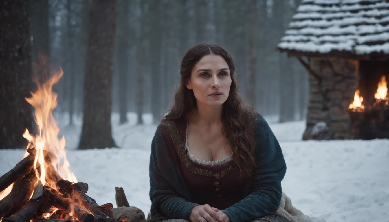medieval Hungary, night, snow, gypsy woman sits beside a fire casting a spell, eerie, cinematic scene from film