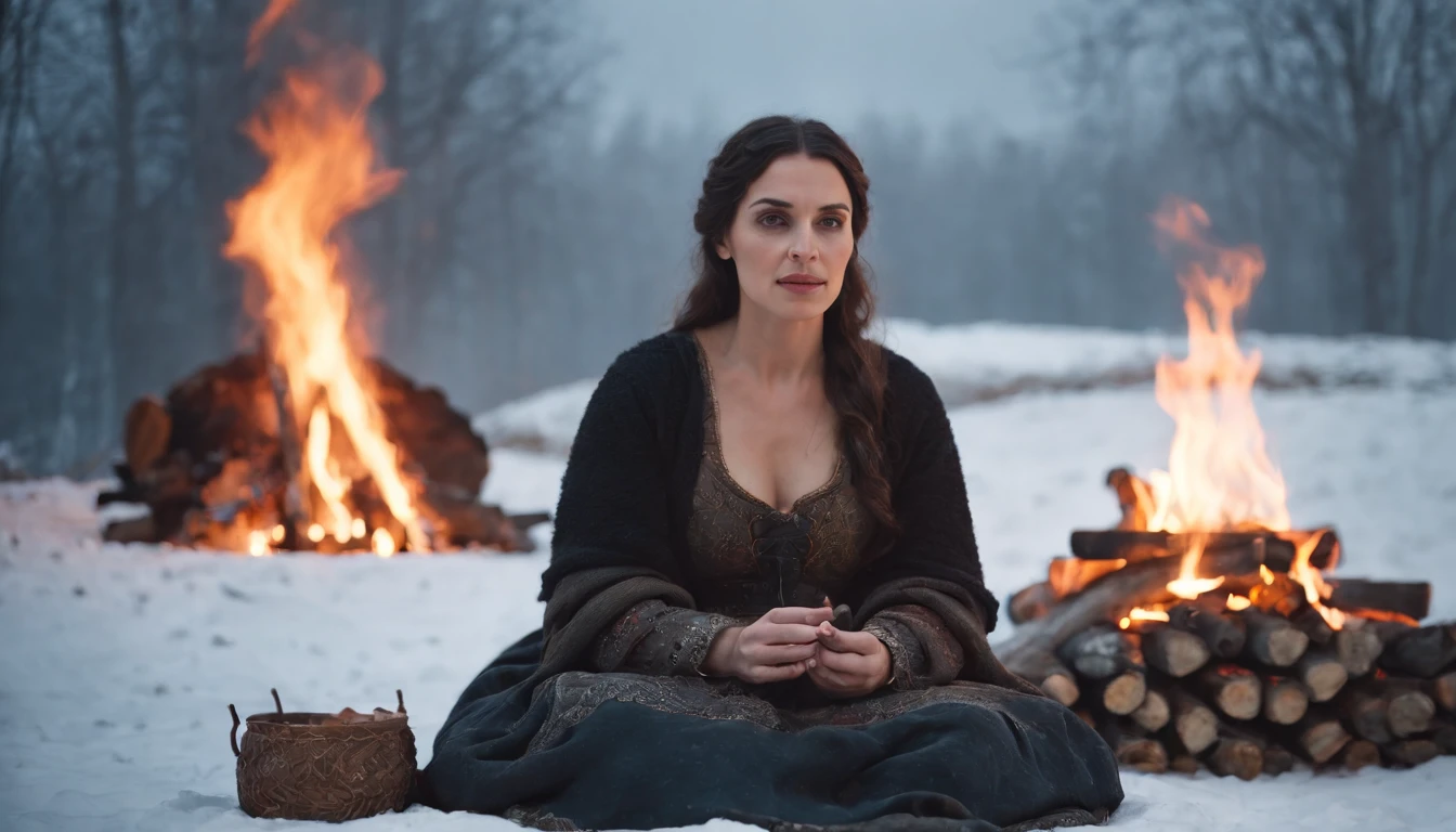 medieval Hungary, night, snow, gypsy woman sits beside a fire casting a spell, eerie, cinematic scene from film
