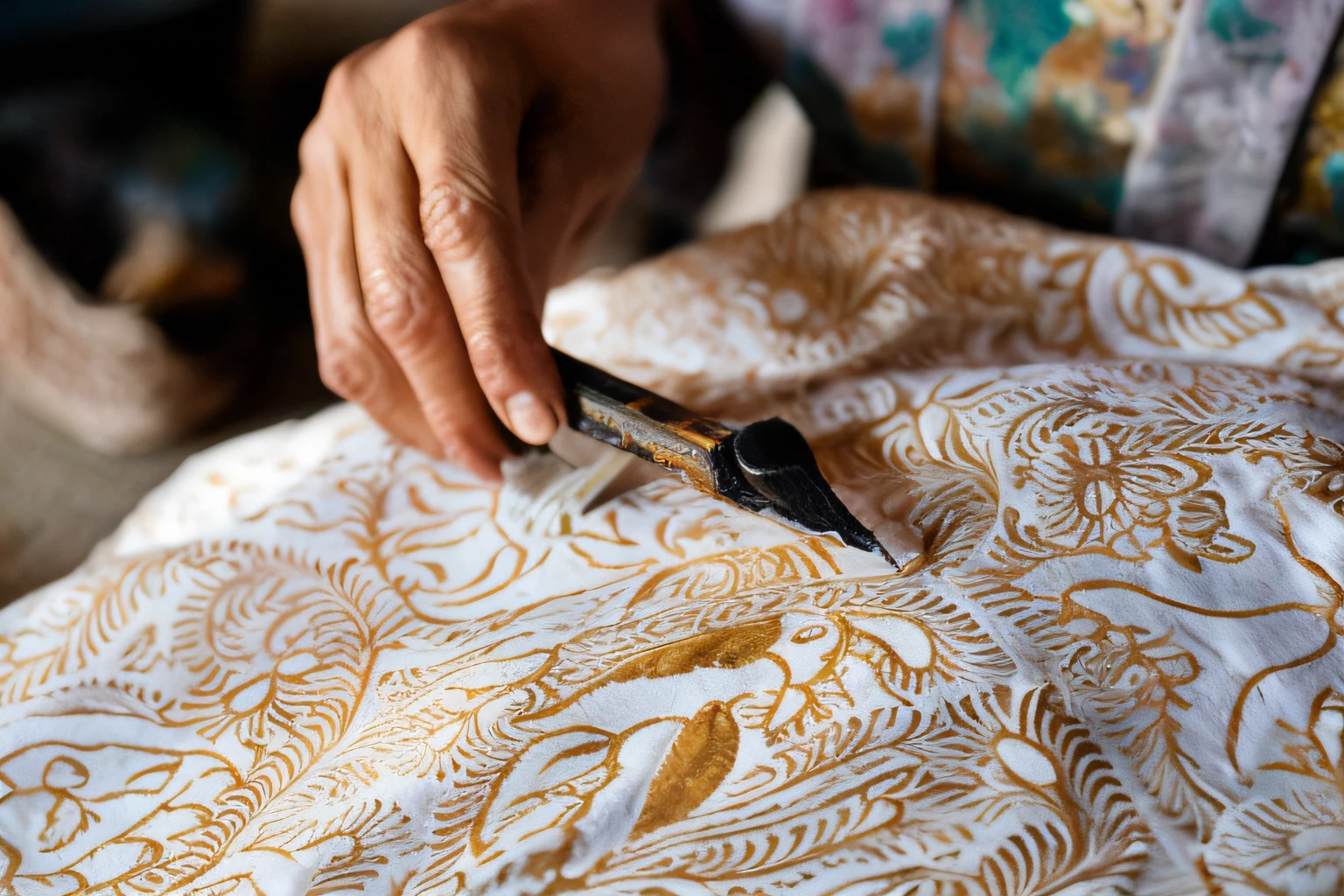 someone is cutting a piece of fabric with a knife, batik, delicate and precise brushwork, intricately detailed artwork, intricately detailed markings, intricate painting, beautiful craftsmanship, intricate detailed painting, unique and intricate painting, intricate ink painting, intricate brush stroke detail, traditional painting, fine intricate, intricate ink painting detail, intricate artwork, detailed intricate block print