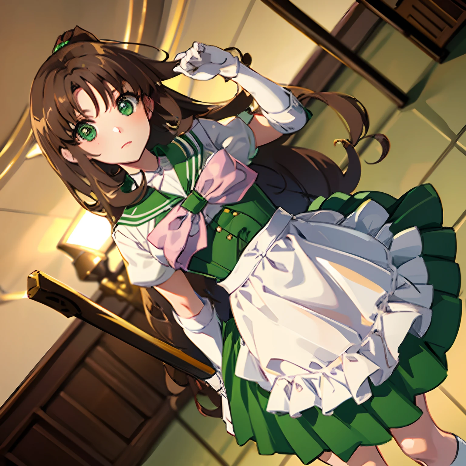 Girl with long brown hair, green colored eyes, in a high school uniform, the anime
