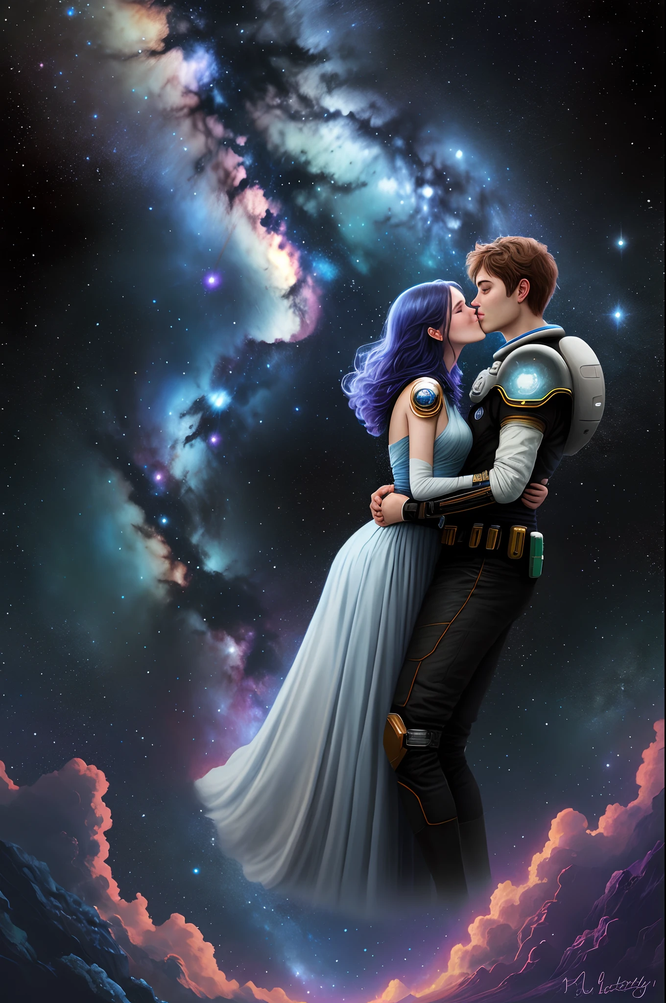 space, milky way, galaxy, stars, happy couple, holding hands, kissing，fantasy art