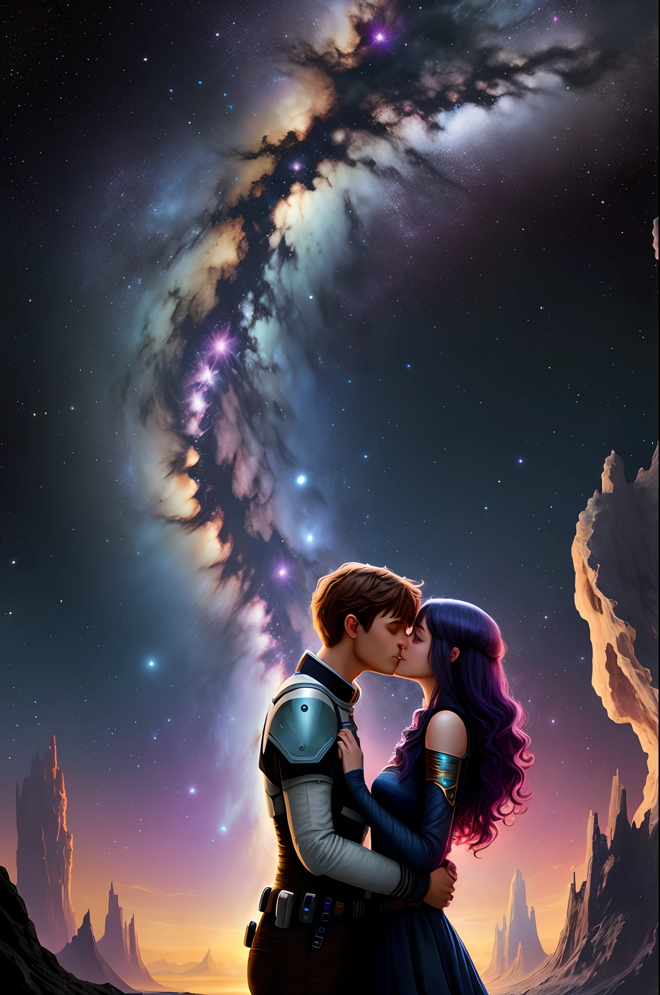 space, milky way, galaxy, stars, happy couple, holding hands, kissing,fantasy art