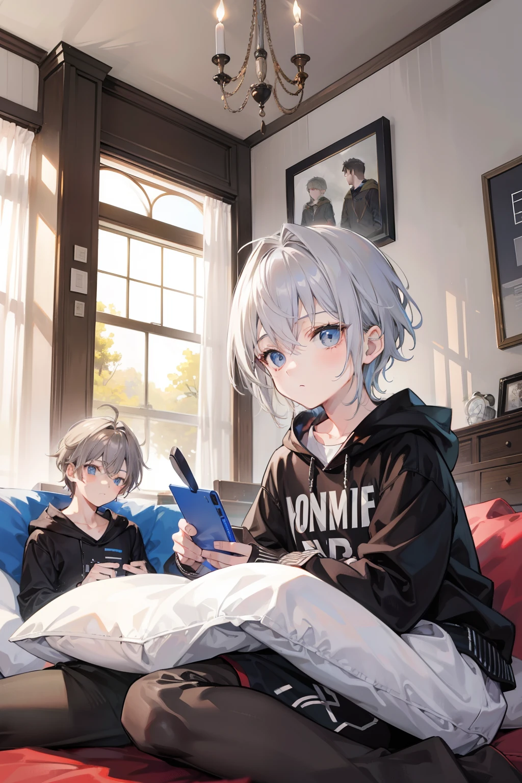Two Boys, Silver-haired boy and brown-haired boy,Boy's room、sofas、Boys Love、Talking、hight resolution、ultra-detailliert