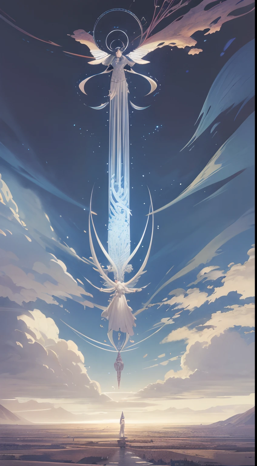 Franklin Booth, James Jean, A E Marty, surreal, mysterious, strange, fantastical, fantasy, sci-fi, falling from between the clouds, captured and reduced to bones, in a field of white hakama, detailed, high resolution high definition high quality masterpiece