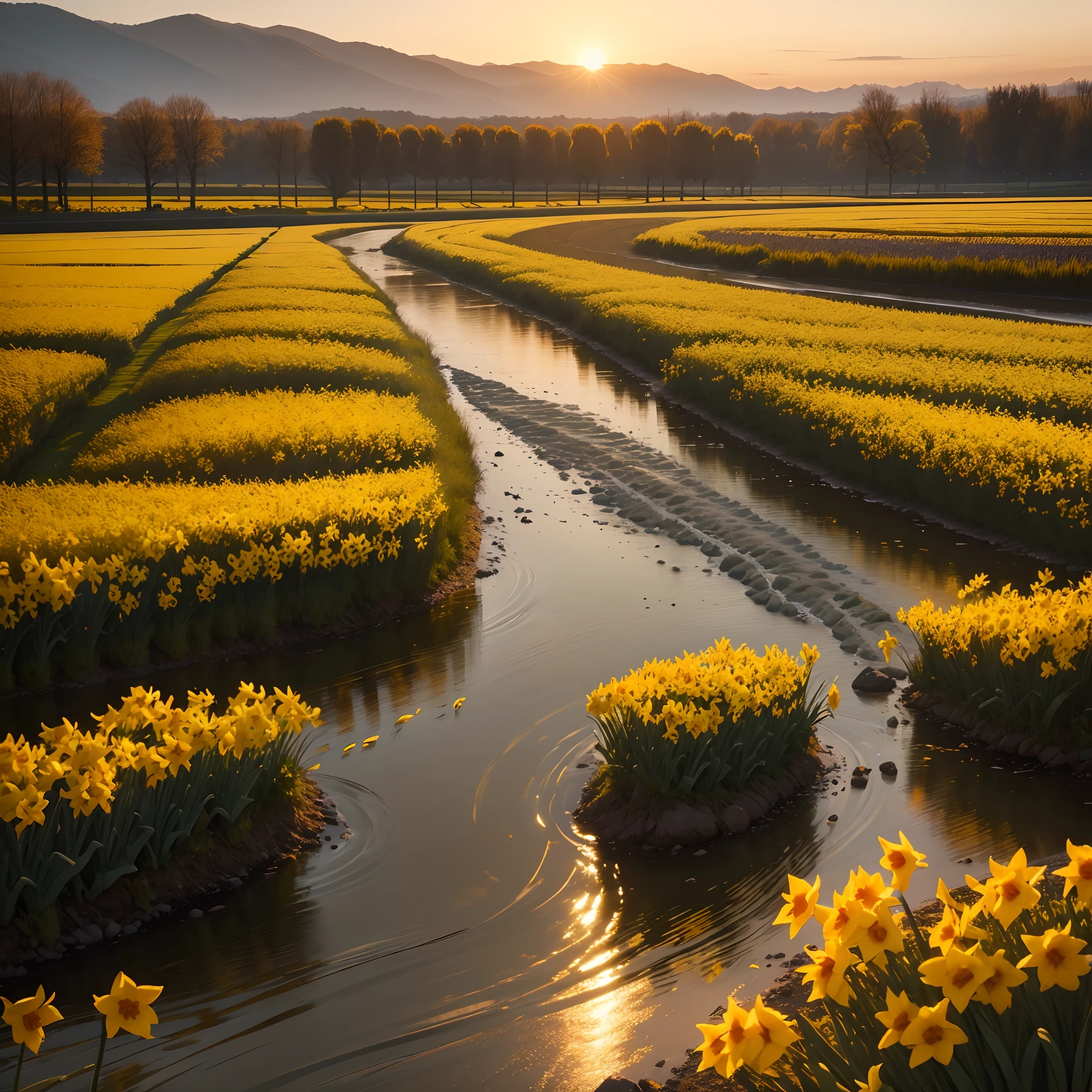 A field of ten thousand daffodils stretched along a gentle river sunset time, cinematic, 32k quality hyper real