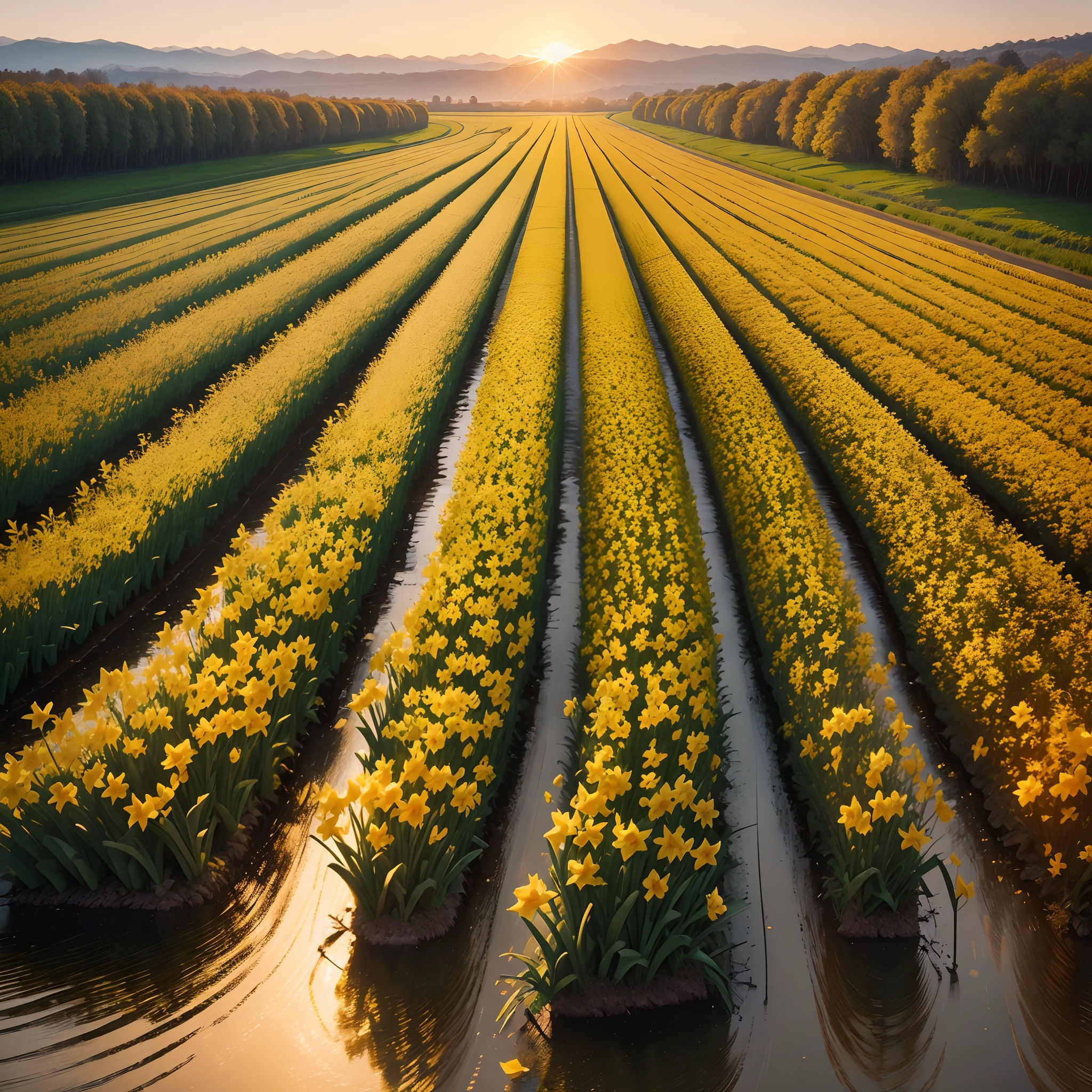 A field of ten thousand daffodils stretched along a gentle river sunset time, cinematic, 32k quality hyper real