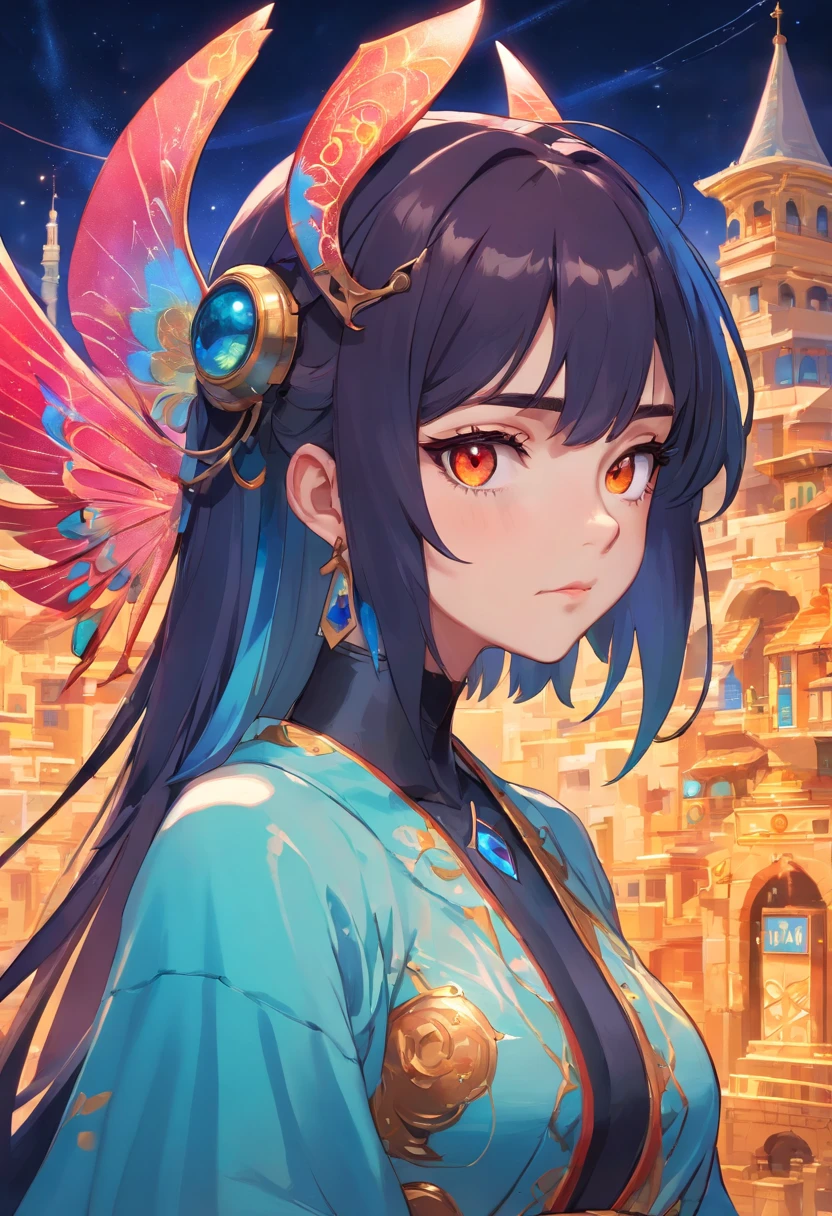 succubus, bat like wings, El cabello es negro, El resplandor del arco iris la envuelve,Resplandor dorado en tienda oriental aguamarina、Bailarina del vientre con vestido largo blanco y blusa azul , Cielo iridiscente, Ocean of glass, vida marina,La hora dorada, sin manos, Enfoque en las caderas, Enfoque en los ojos, Ojos abiertos, ojos rojos , cyberpunk, Enfoque completo, Enfoque en la cara, ojos, Nariz y boca cerrada , ultra detailed fine art photography, Aura de medianoche, cielo cercano, Cara hermosa detallada, Dreamy, llameante, back Lighting, glamur, Mica, umbroso, oil on canvas, pinceladas, Suave, ultra-high def, 8k, Unreal Enginee 5, Ultra Sharp Focus,, Artgerm, Roisch, NFFSW, Intrincadas obras maestras de arte, siniestro, matte paint movie poster, golden ratio, tendencias en CGSociety, Enrevesado, Epicd, tendencias en Artstation, Altamente detallado, Vibrante, production cinematic character render, Modelo de ultra alta calidad