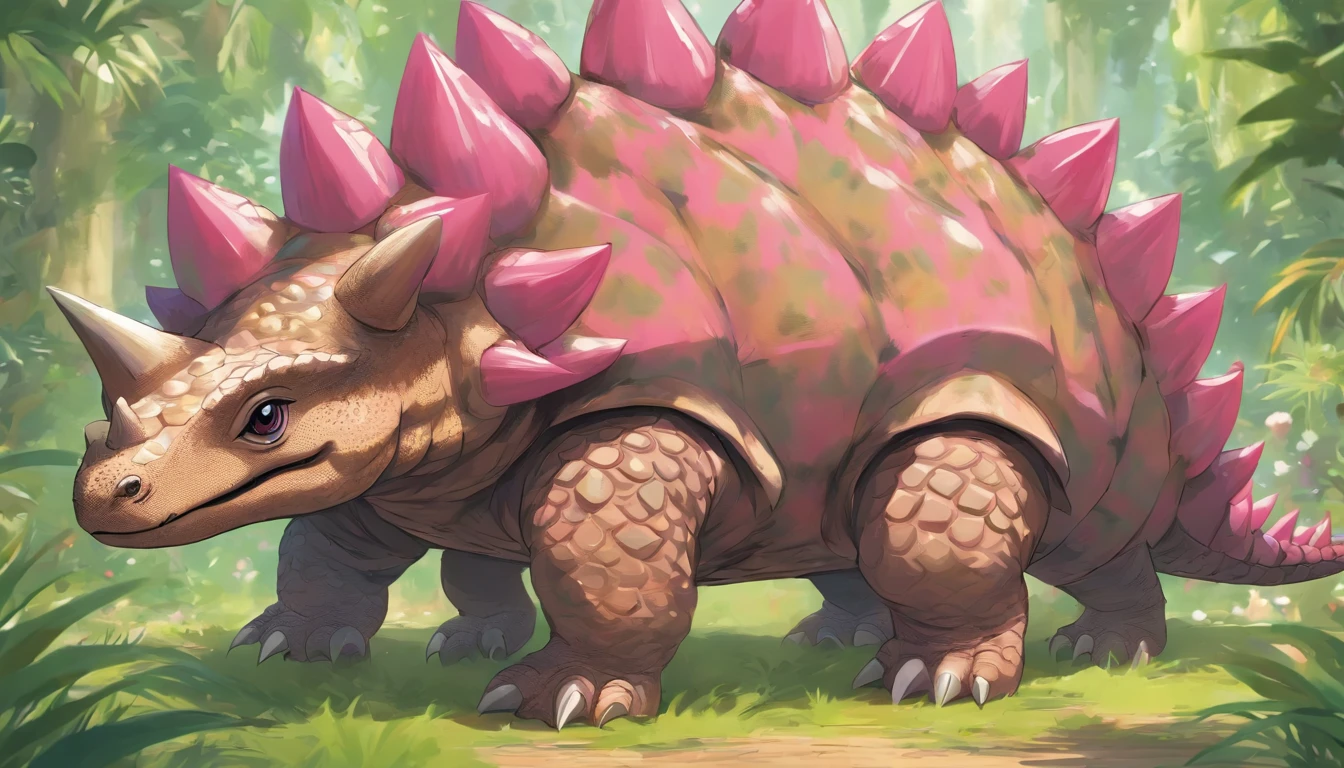 Ankylosaurus, Lovely soft pink with darker pink spikes, friendly and adorable and kawaii, Friends, masterpiece, best quality