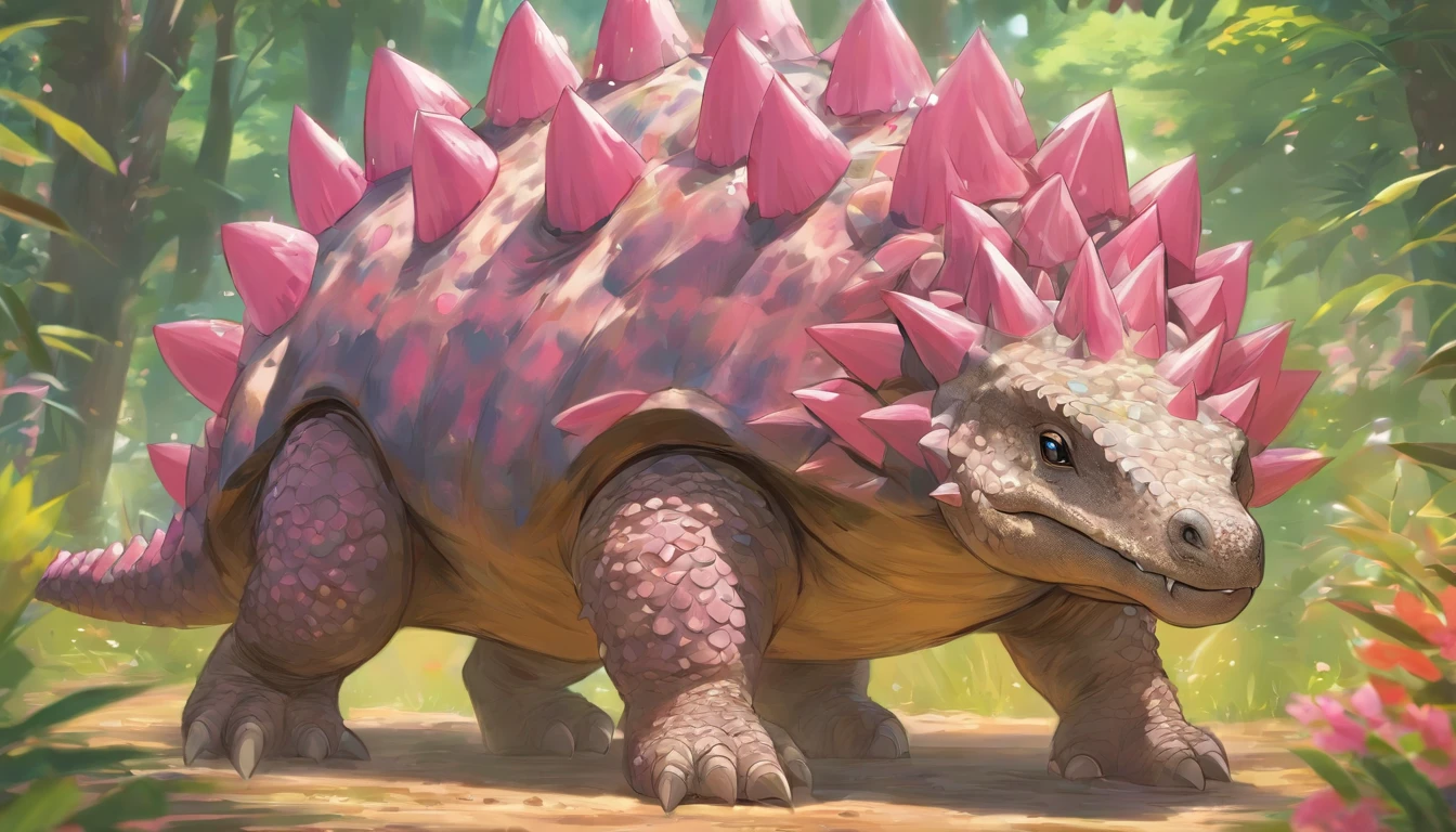 Ankylosaurus, Lovely soft pink with darker pink spikes, friendly and adorable and kawaii, Friends, masterpiece, best quality