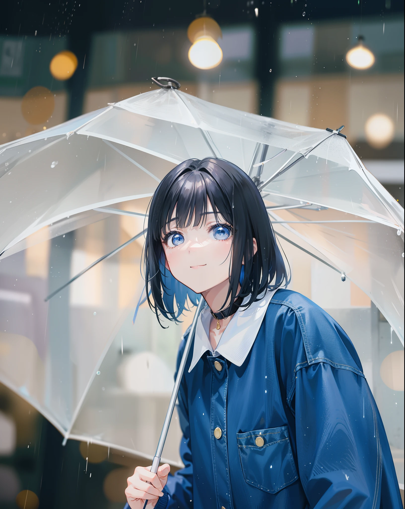 1 girl from Korea, beautiful girl with short hair and bangs, beautiful eyes, sharp nose and smile, wearing a blue levis jacket and light yellow collar, carrying a white transparent umbrella, holding the umbrella in her hand, facing the audience, blurred background, moderate weather Rain, don't wear a collar, black hair