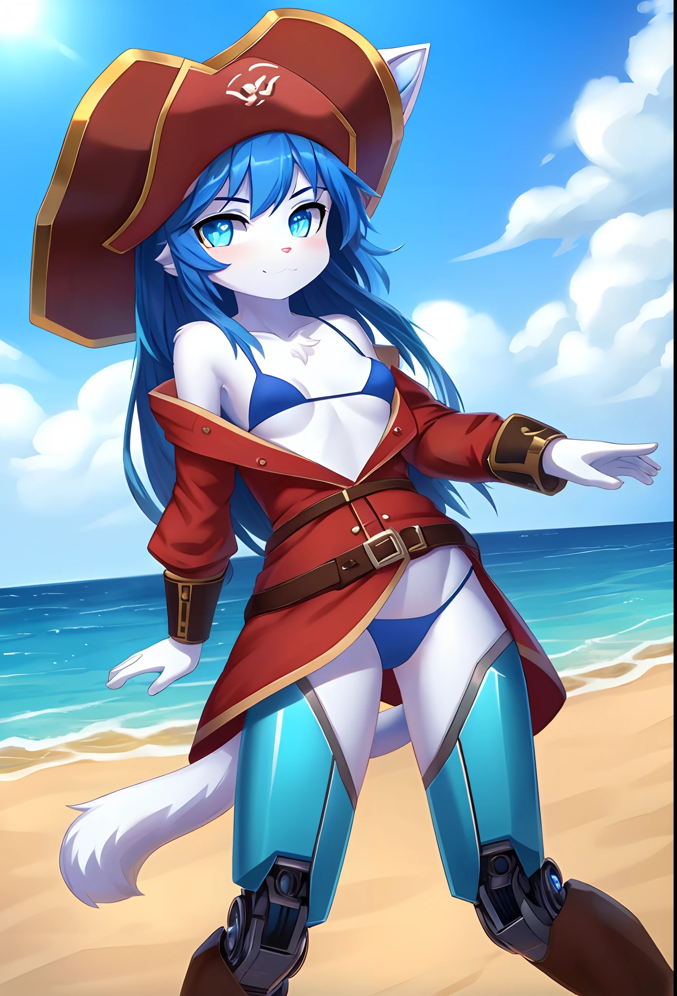 Furry girl, young, cat, blue hair, long hair, blue eyes, small breasts, detailed body fur, red Jacket, open clothes, blue bikini, pirate hat, masterpiece, looking at you, white body fur, detailed face, big eyebrows, detailed eyes, detailed body, beach, clear Sky, detailed hands, glistering body, skinny, cybernetic body lines, cybernetic body, Neon Eyes, cyborg body, sassy face, :3,