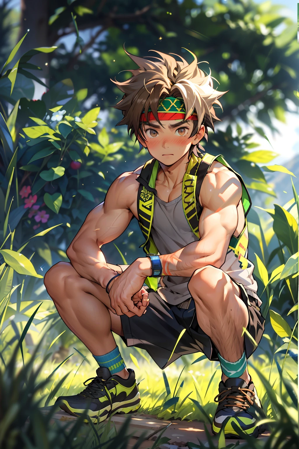 (Masterpiece, Best quality 12 year old boy,Shota), 1boys, Young,Muscular, Short hair, with brown eye, Intricate, Grass, full bodyesbian, Shirtless, Muscles sparkle in the sun,Black shorts, green headband, Vivid colors,(Depth of field:1.2),(Abs),Blush, view the viewer, Sit on grass,