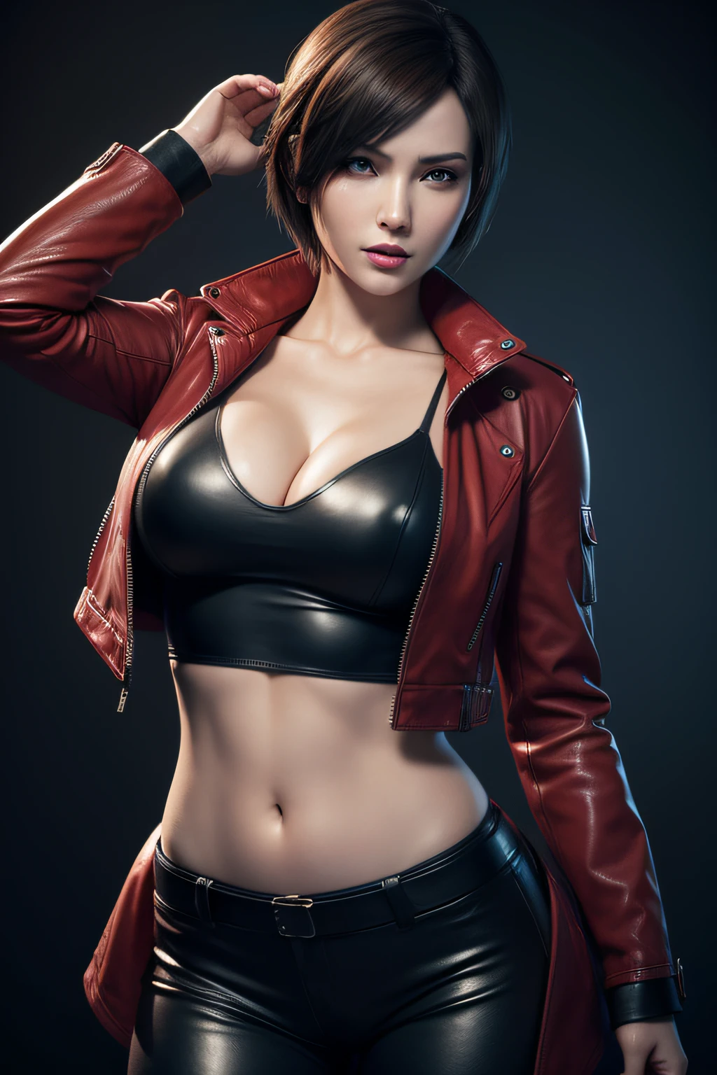 Resident Evil 6,ada,Ada Wong,ultra-quality,Photorealsitic,a red jacket,Black leather pants,An ultra-high picture quality,Digital SLR,Based on anatomical grounds,Depicted in detail,Colossal tits,A slight smil,Detailed face,realistic skin textures,​masterpiece,Vivid details,perfect anatomia,Super Detail,sexy  pose,Complex 3D Rendering,