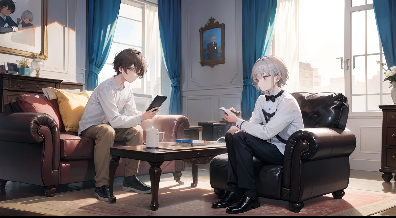 Two Boys, Silver-haired boy and brown-haired boy,Boy's room、sofas、Boys Love、Talking、hight resolution、ultra-detailliert