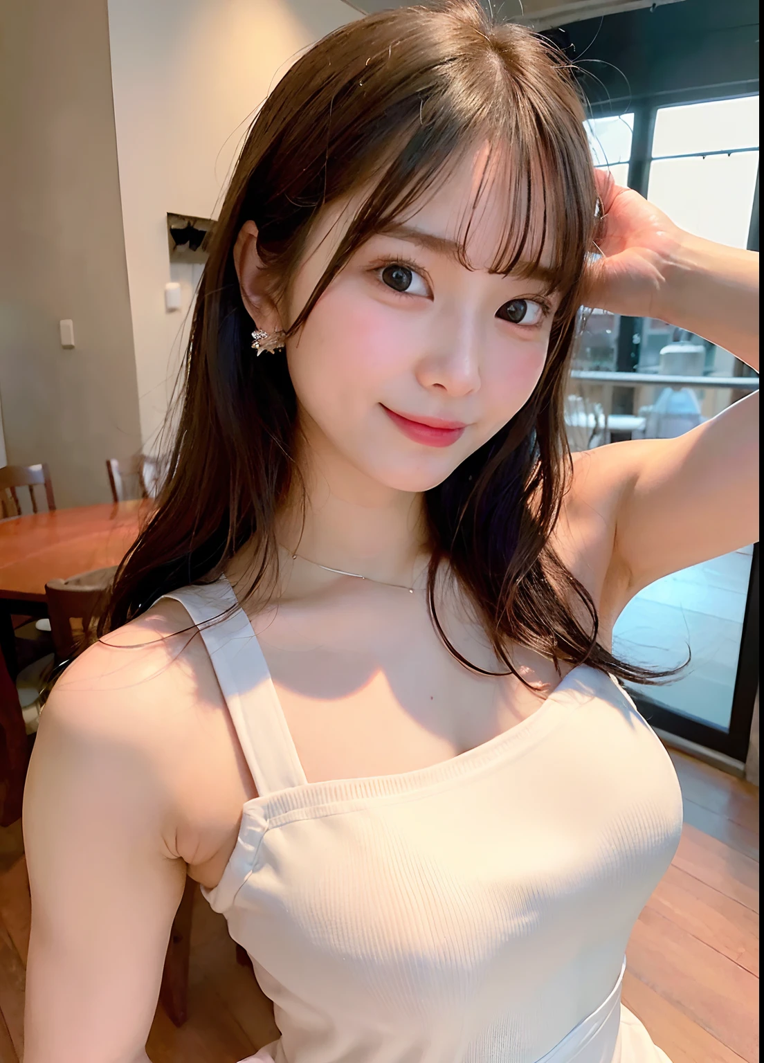 ((Best quality, 8k, Masterpiece :1.3)), Sharp focus :1.2, 1 girl,cute, Slender abs :1.1, (entirely red chest apron:1.4), ((highly detailed armpit:1.6)),((Put your hands on your head to show your armpits:1.4)), ((beautiful armpits:1.6)), (huge breasts), (black hair, Updo:1.4), (White blouse:1.4), black tight skirt, (smile:1.15),(closed mouth), Highly detailed face and skin texture, Detailed eyes, Twinkling Eyes, (Round Face:1.6), Three-Quarter Length, clothing reinforcement, cafe