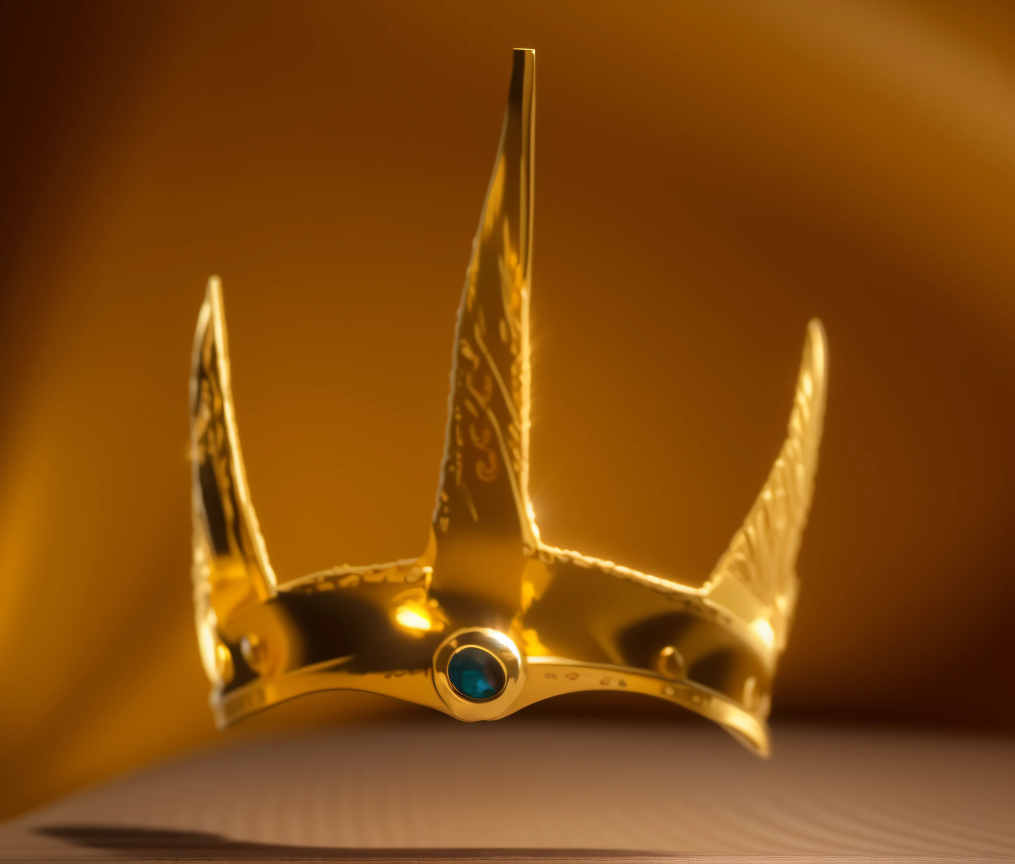 a close up of a gold crown with a bird on it, trident metal crown, nordic crown, ancient crown, crown of the gods, crown, thorn crown, gold crown, iron crown, intricate gold crown, golden crown, trident, large crown, ornate gold crown, small crown, the tentacle crown, crown on head, ornament crown, symmetrical crown, 3d render, highly detailed, ultra detail, studio shoot, cinematic angle, 85mm prime lens, macro lens, iso 100, f/4, canon eos, canon 5d, --quality 100, --s 5000, --stylise 1250