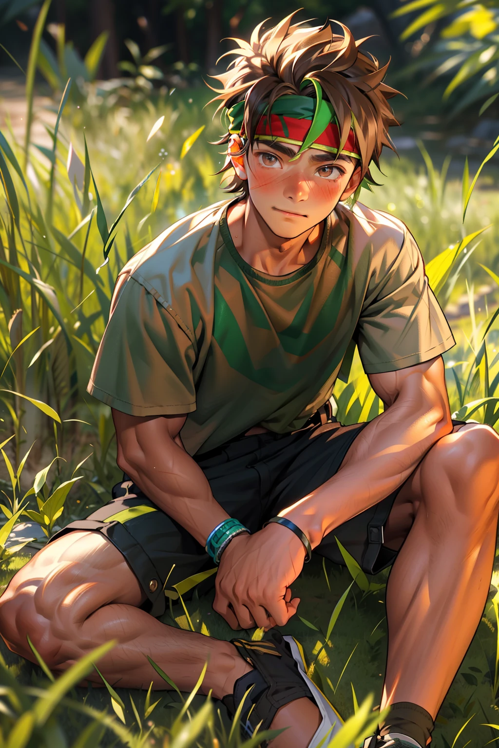 (Masterpiece, Best quality 12 year old boy,Shota), 1boys, Young,Muscular, Short hair, with brown eye, Intricate, Grass, full bodyesbian, Shirtless, Muscles sparkle in the sun,Black shorts, green headband, Vivid colors,(Depth of field:1.2),(Abs),Blush, view the viewer, Sit on grass,