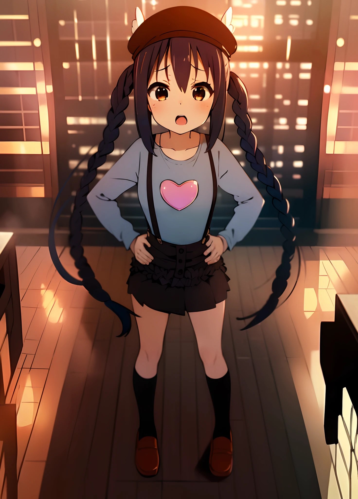1girl, (((masterpiece))), top-quality, top-quality, High Details, nakano azusa, 1girl, Twin-tailed, length hair, A dark-haired, brown-eyed, Gray T-shirt.suspenders.a black skirt.illustratio, comic strip, soothing tones, Subdued Color, Soft cinematic light, adobe lightroom, photolab, HDR, intricately and hyper-detailed、(((depth of fields))))。(((masterpiece)))。(((top-quality))).(((ultra-detailliert)))。(((illustratio)))。(((takeout))).dynamic focus.big breasts.(((Skyscrapers))).(((A city scape))).(((Face of sadness))). open mouth.(((put hands on the hip))).(((up chest))).((evening glow)).((the setting sun)).(((Heart on chest))).Feathered hat.look from above.