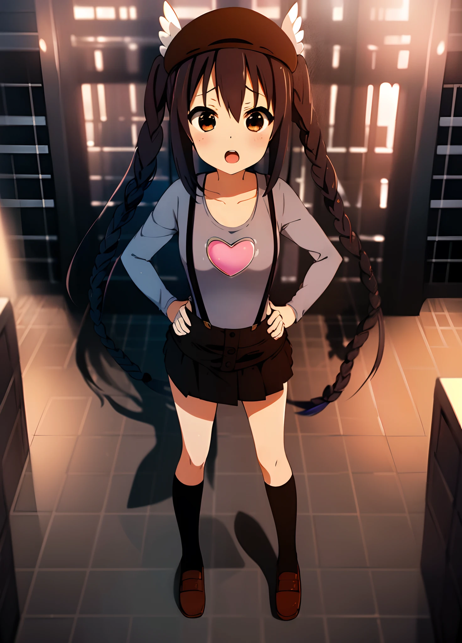1girl, (((masterpiece))), top-quality, top-quality, High Details, nakano azusa, 1girl, Twin-tailed, length hair, A dark-haired, brown-eyed, Gray T-shirt.suspenders.a black skirt.illustratio, comic strip, soothing tones, Subdued Color, Soft cinematic light, adobe lightroom, photolab, HDR, intricately and hyper-detailed、(((depth of fields))))。(((masterpiece)))。(((top-quality))).(((ultra-detailliert)))。(((illustratio)))。(((takeout))).dynamic focus.big breasts.(((Skyscrapers))).(((A city scape))).(((Face of sadness))). open mouth.(((put hands on the hip))).(((up chest))).((evening glow)).((the setting sun)).(((Heart on chest))).Feathered hat.look from above.