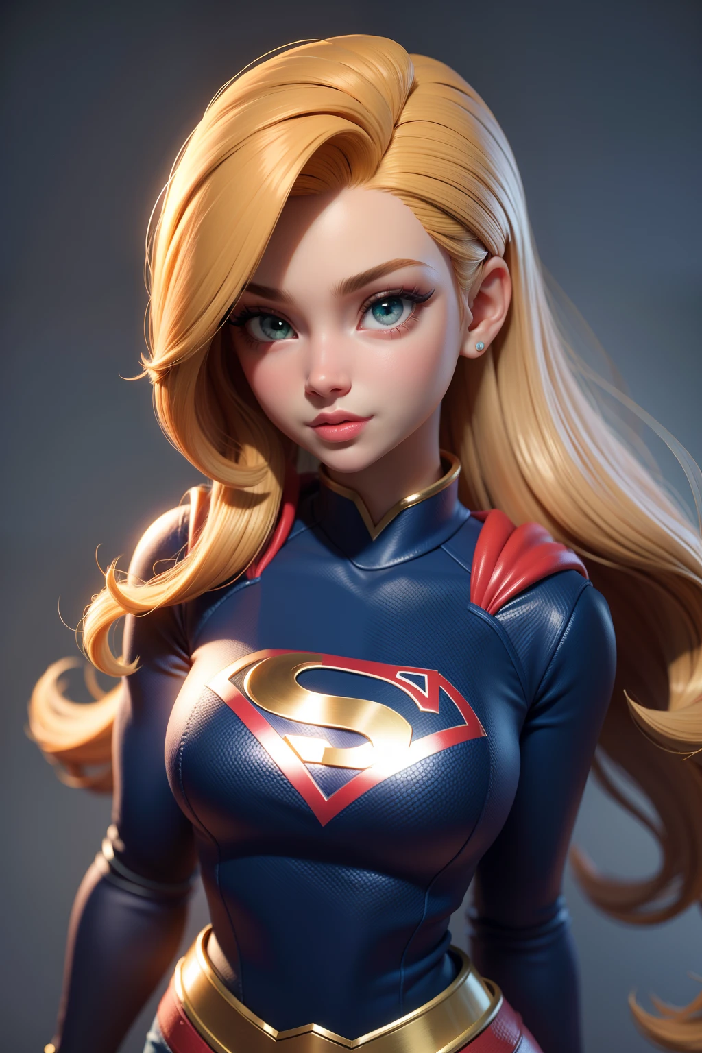 Super Girl, DC Heroine, obra-prima, melhor qualidade, trabalho de rending 3d, estilo 3DMM, close-up, retrato, 3D, solo, cabelo castanho, colar de corda, olhando para o lado, realista, parte superior do corpo, fundo simples, Cabelo Loiro, olhando para longe, cabelo loiro longo, separated-lips, Roupa da Heroina, maquiagem, cabelo encaracolado castanho longo, olhos verdes, Capa Vermelha, decote.