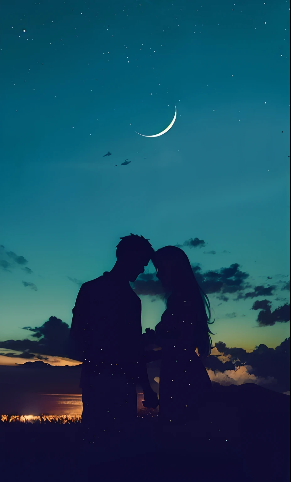 A couple standing under a crescent in the night sky, holding hands in the moonlight, romantic couple, dreamy and romantic, ✨🕌🌙, ☁🌪🌙👩🏾, Noite - Hora, Noturno, Amantes, two moons in sky, em frente a uma grande lua, Olhando para a lua, at night with moon light