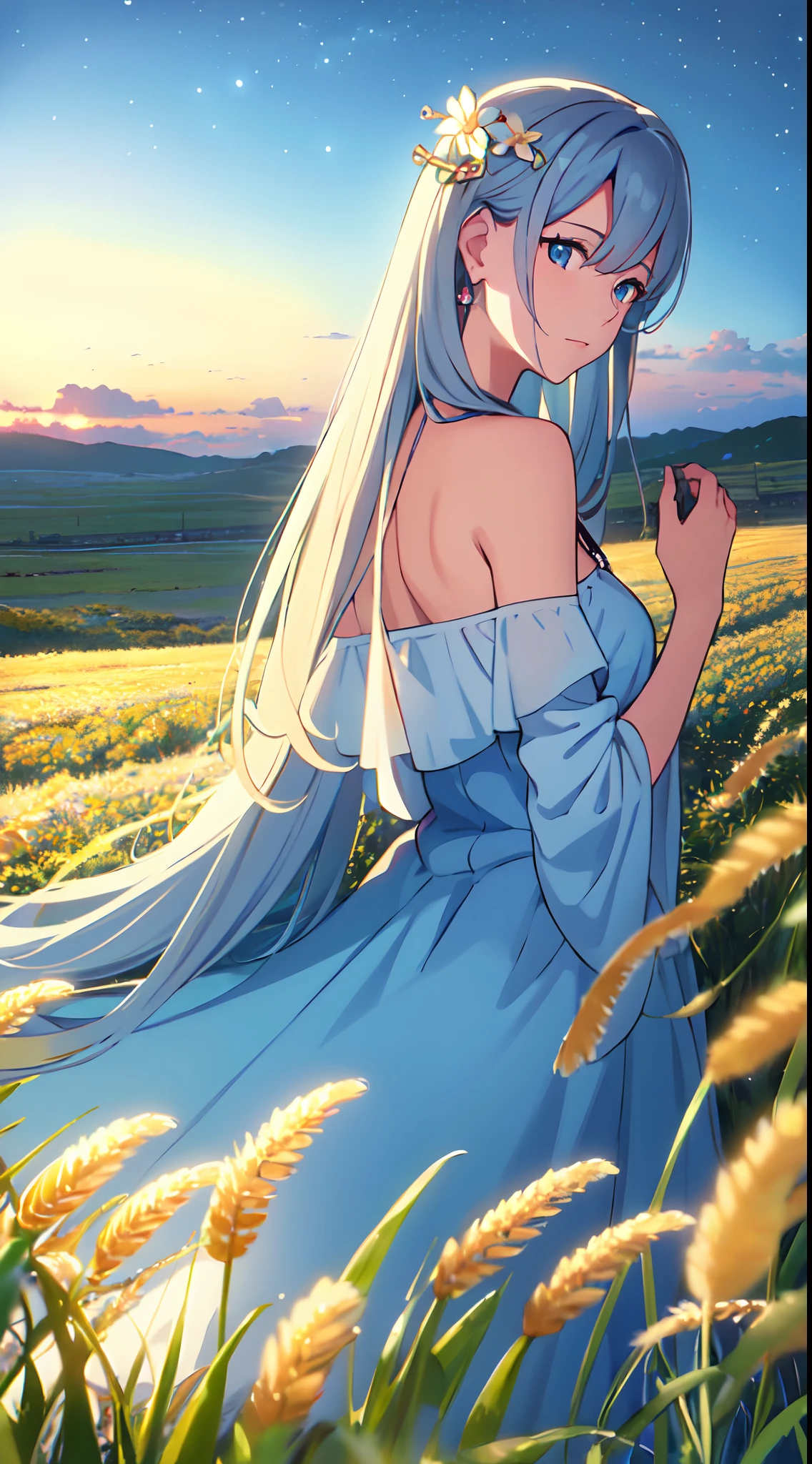 masterpiece, best quality, 1lady, solo, really long hair, white hair, (flowers hair ornament), light blue eyes, looking up at the sky , necklace, earrings, night, Vast sky, beautiful skyline, fireflies, fantasy, off shoulder blue dress, night scenery, behind view, back view, touching wheat field, close up, face portrait