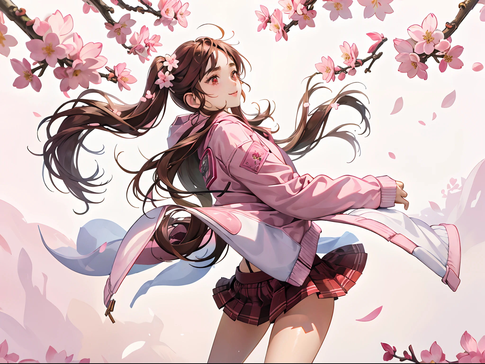 An 18-year-old woman, , red eyes, Pink highlights on brown hair, sharp eye，with a pure white background, blurry backround，cherry trees, ssmile, run through，Long twin tail straight, Long pink jacket with intricate décor with hood, Denim shorts，独奏,Full body close-up，Delicately reproduced realistic illustrations，busy，Comical illustration，Realistic skin texture reproduction，Sakura blizzard，Pink Light Racing，cherry blossom snowstorm 、((​masterpiece))