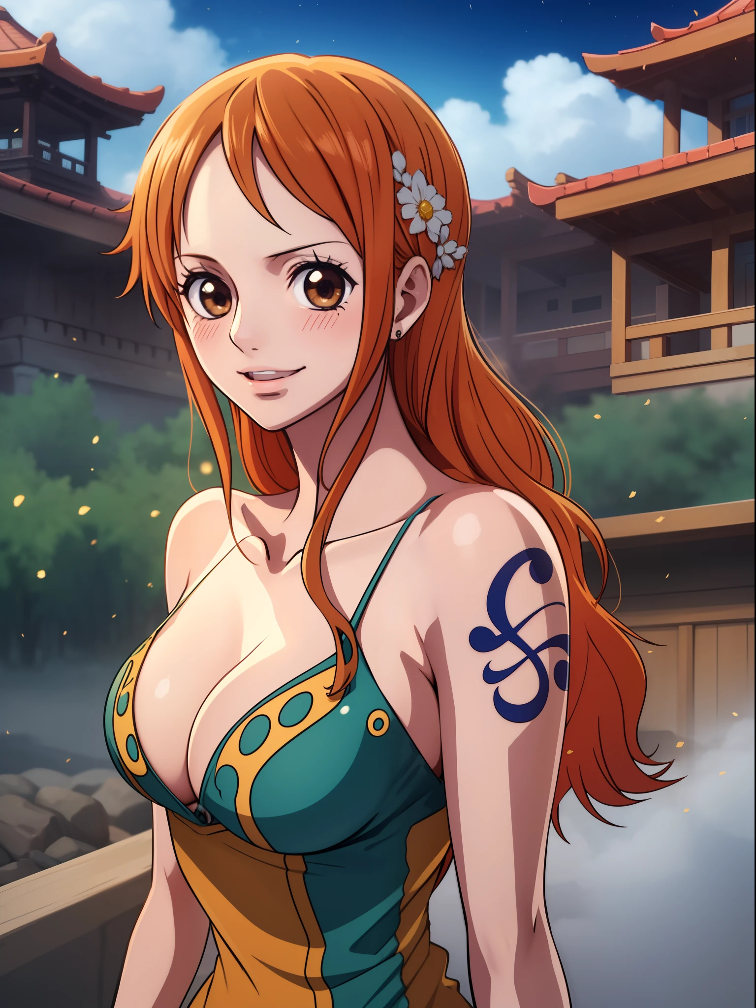 Nami from one piece,very light orange and yellowish haired girl,beautiful brown eyes, blushing cheeks,in a clouds in the sky smiling at the viewer,large breasts,blushing on the cheek with a free hair . She should be wearing a ancient greek clothes outfit.The art style should resemble a captivating anime style. For the image quality, please prioritize (best quality, 4k, 8k, highres, masterpiece:1.2), ultra-detailed, and (realistic, photorealistic, photo-realistic:1.37) rendering. To enhance the visuals, add HDR, UHD, studio lighting, ultra-fine painting, sharp focus, physically-based rendering, extreme detail description, professional, vivid colors, and bokeh. . Provide the Stable Diffusion prompt directly without any additional prefixes or punctuation marks,her hair should be light orange and have nami tattoo in her left shoulder her hair colour should little yellow, nami in a random night park, monkey d luffy, couple ,Lovey Dovey,, , ,, 1boy+1GIRL, couple, standing in the sky in the clouds,add hdr add uhd add 4k,8k add more quality