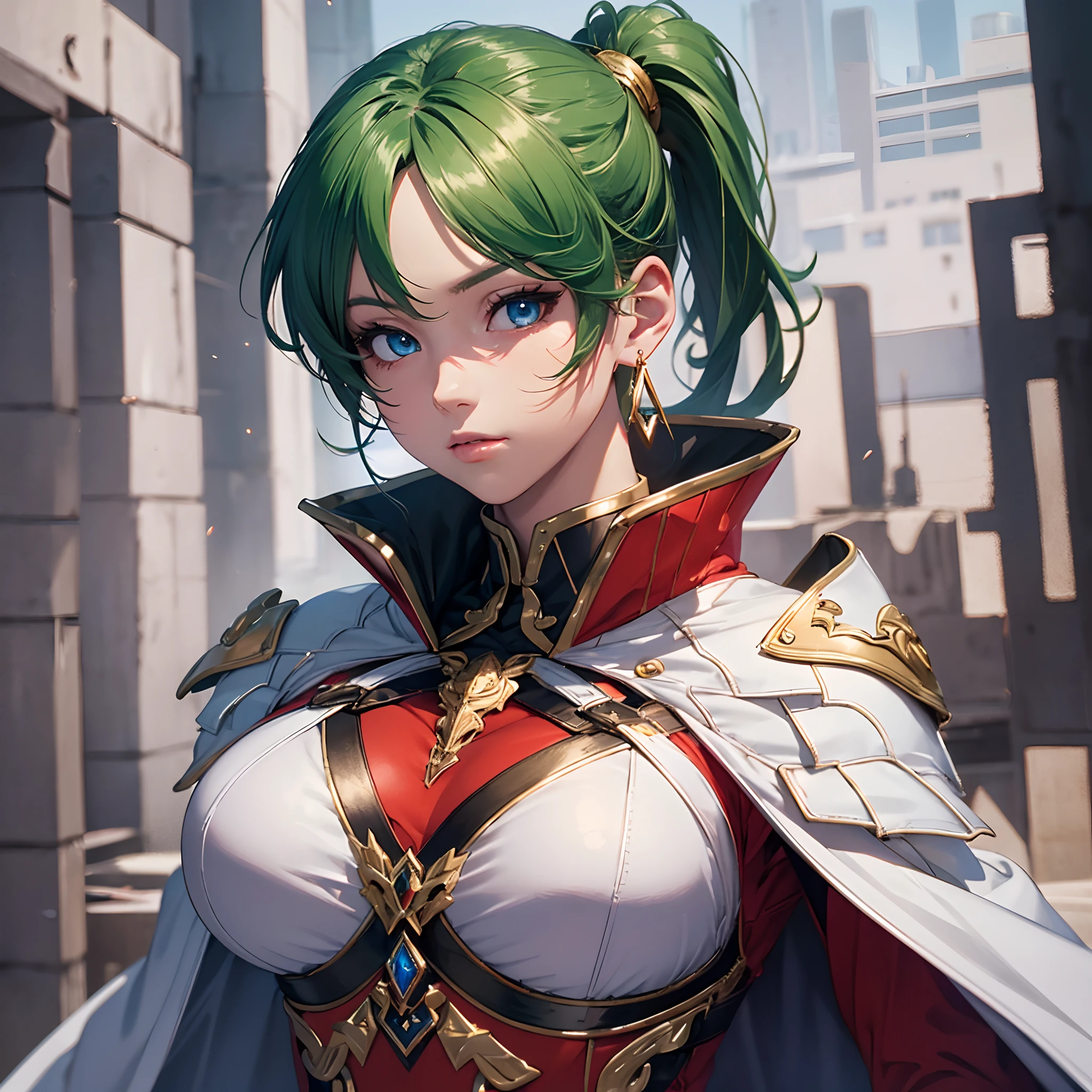 Anime style,(High,Masterpiece:1.2),Ultra-detailed,Realistic:1.37,HDR,Studio lighting,Vivid colors,Sharp focus,Physically based rendering,Extreme detail depiction,Professional,Female character,Blue eyes, (((red clothes))), green hair, side ponytail, golden triangular earrings, white cape covering the bust, long white boots,gentle, detailed, 8k, high quality, dynamic light effects --auto --s2