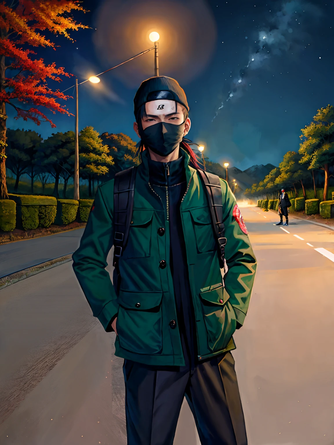 A young dangerous man wearing uchiha cloths, with sharingan eyes, in konha, naruto style background, wearing a mask, in forest, at night, full body picture, landscape, ninja