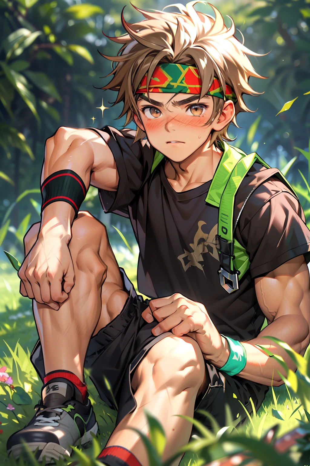 (Masterpiece, Best quality  boy，Shota), 1boys, Young,Muscular, Short hair, with brown eye, Intricate, Grass, full bodyesbian, Shirtless, Muscles sparkle in the sun,Black shorts,  green headband, Vivid colors,(Depth of field:1.2),(Abs),Blush, view the viewer, Sit on grass,
