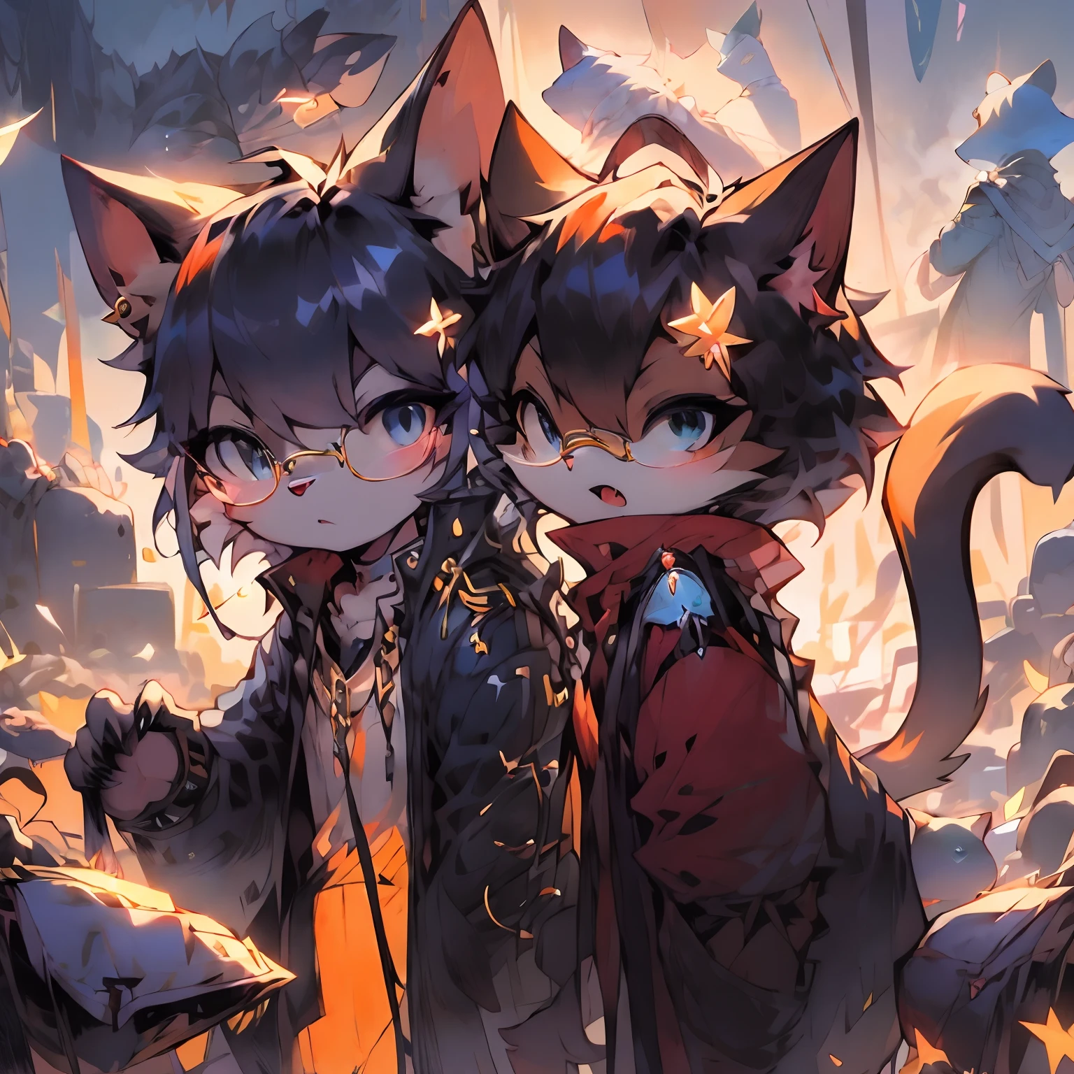 A cat with round-rimmed glasses and a cat with gold wire glasses are making trouble,Round frame sunshine orange cat cat,Gold wire high cold black and white cat cat