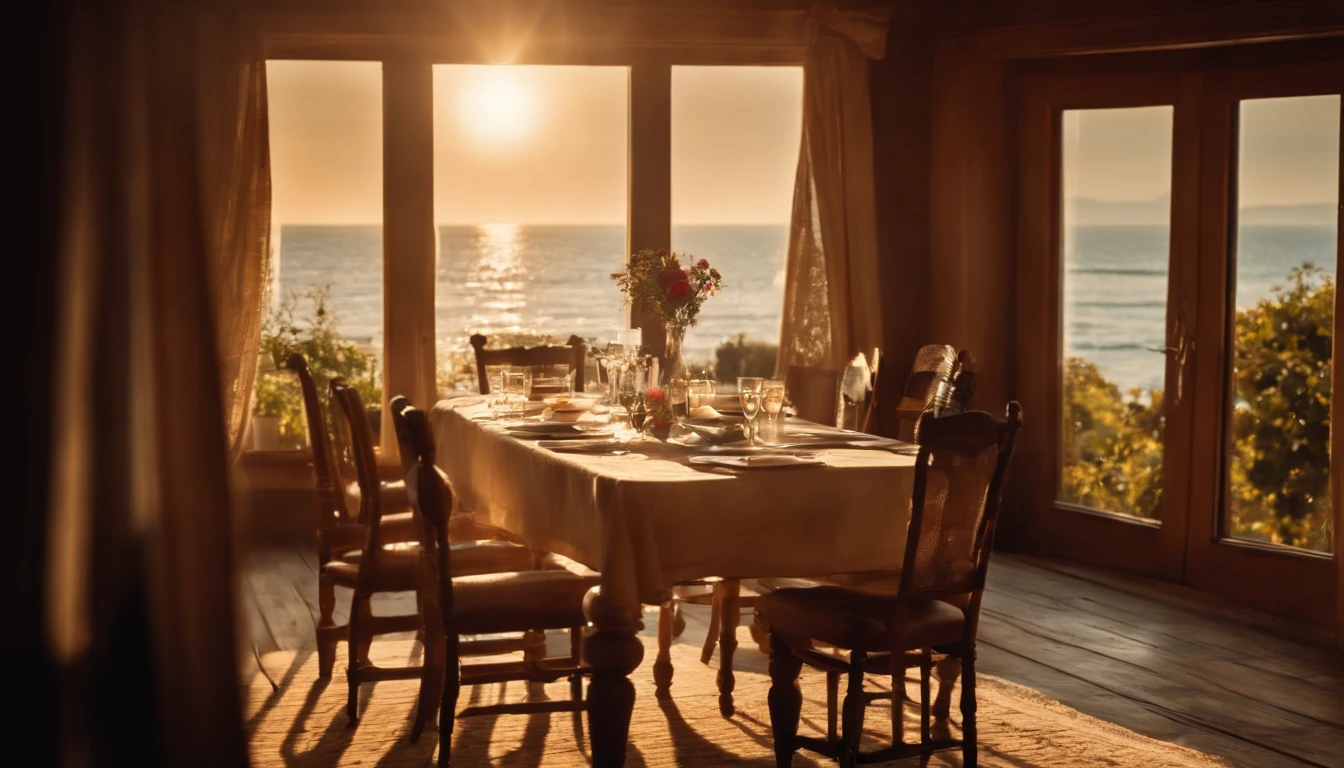 Summer morning,soft sunlight,Old dining room by the sea,Start a good day