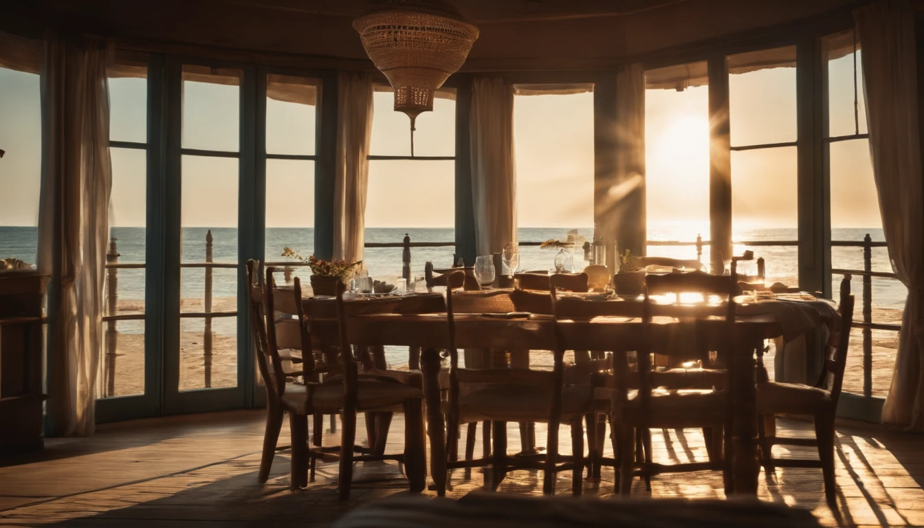 Summer morning,soft sunlight,Old dining room by the sea,Start a good day