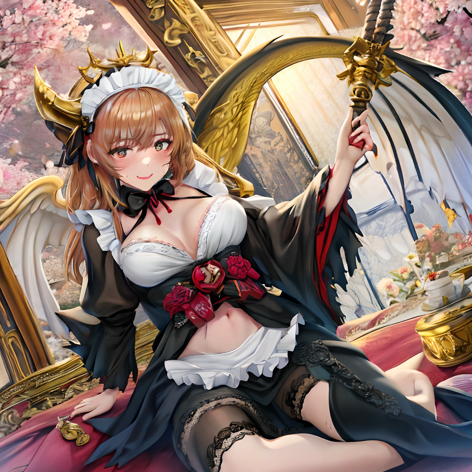 {{Drunk woman}}{{{Maid clothes with a particularly torn chest}}}{{Entire Location々Torn maid clothes}}Young adult woman in big maid clothes (gothic styles) Torn skirt Golden figure Messy blonde hair (Spread your legs inward) (Very detailed CG Unity 8K wallpaper) Big torn skirt ruddy shy Ed Brink America'The most beautiful body art, Atey Ghailan, Jeremy Pro Gorgeous Man Painting, Greg Munchies, Antonio Moro, ArtStation Trends, CGSOC IETY Trends, Convoluted, Tall details, 准确, Dramatic Realism Art, nffsw, 。.。.。.。.。.。.。.。.3D, 8k 4k 4k 4k 4k ung aristocratic maid woman)((Black ruffled maid outfit with luxurious embroidery))((Heavy drool))((Very angry look))((red blush))((Painful and troubled face))((The face of suffering and perseverance))((Heavy sweat on the face,)((Heavy sweat spreading all over the body)))Girl with a troubled face、nightcity、Sateen、Kimono without sleeves、A dark-haired、Looking at the camera、Cherry blossoms are dancing,Unusually resistant、red blush、shrine maiden、valkyrie、Angel wings、a navel、sideboob barbosa、with an intricate、Particles of light、thighs thighs thighs thighs、shinny skin、Perfect litthing、1girl in、looking at the viewers、Winged headgear、pelvis curtain、A smile、(masterpiece)、(top-quality)、tiny chest、Porcelain Skin、Very long hair、hair wavy、Royal sister,femele,A queen,putting on a crown,There are a lot of golden lightning around,sitting in a throne,Bangs cover the eyes,Black Suspender Socks,Black Lace Top,,High jump,Grab Erlang's leg,,Black Silk Top,domineering,smil,The corners of the mouth are raised,Red and gold eyes,Black silk erotic underwear,Black top,Black Silk Gloves,I have a gorse tattoo on my chest and thigh,There are many golden dragon scales on the arms,There are many golden dragon scales on the neck,Bright eye,dragon eyes,Snake's Eye,Upright pupils,There are golden stripes on the clothes,There is a golden pattern on the clothes,The socks have a golden pattern,tall figure,Expose the outside of the chest,Twisted blade hanging ove