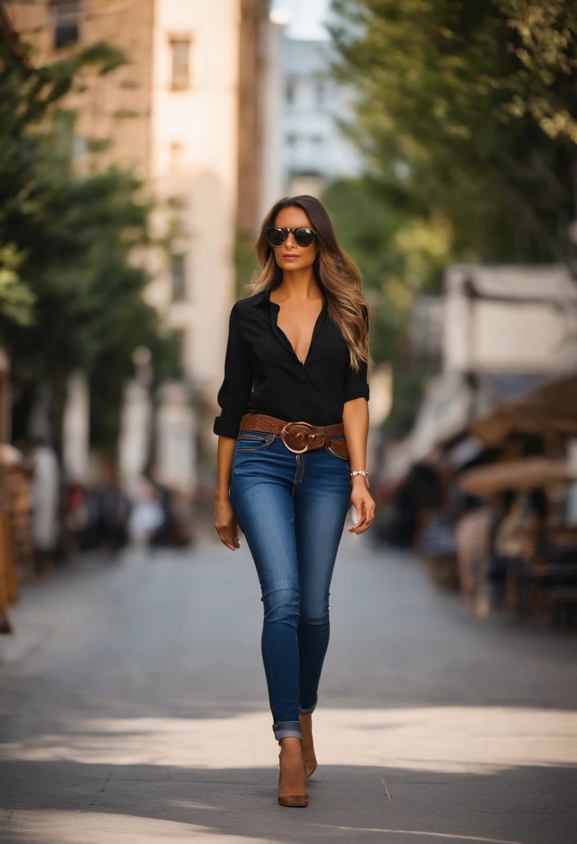 araffed woman in a black shirt and blue jeans walking, waist - shot, wearing only pants, smallest waistline ever, middle shot waist up, ( ( ( wearing jeans ) ) ), wearing jeans, black extremely tight jeans, jeans, bag over the waist, wearing a shirt and a jean, close up to a skinny, tied - up shirt, booty shorts