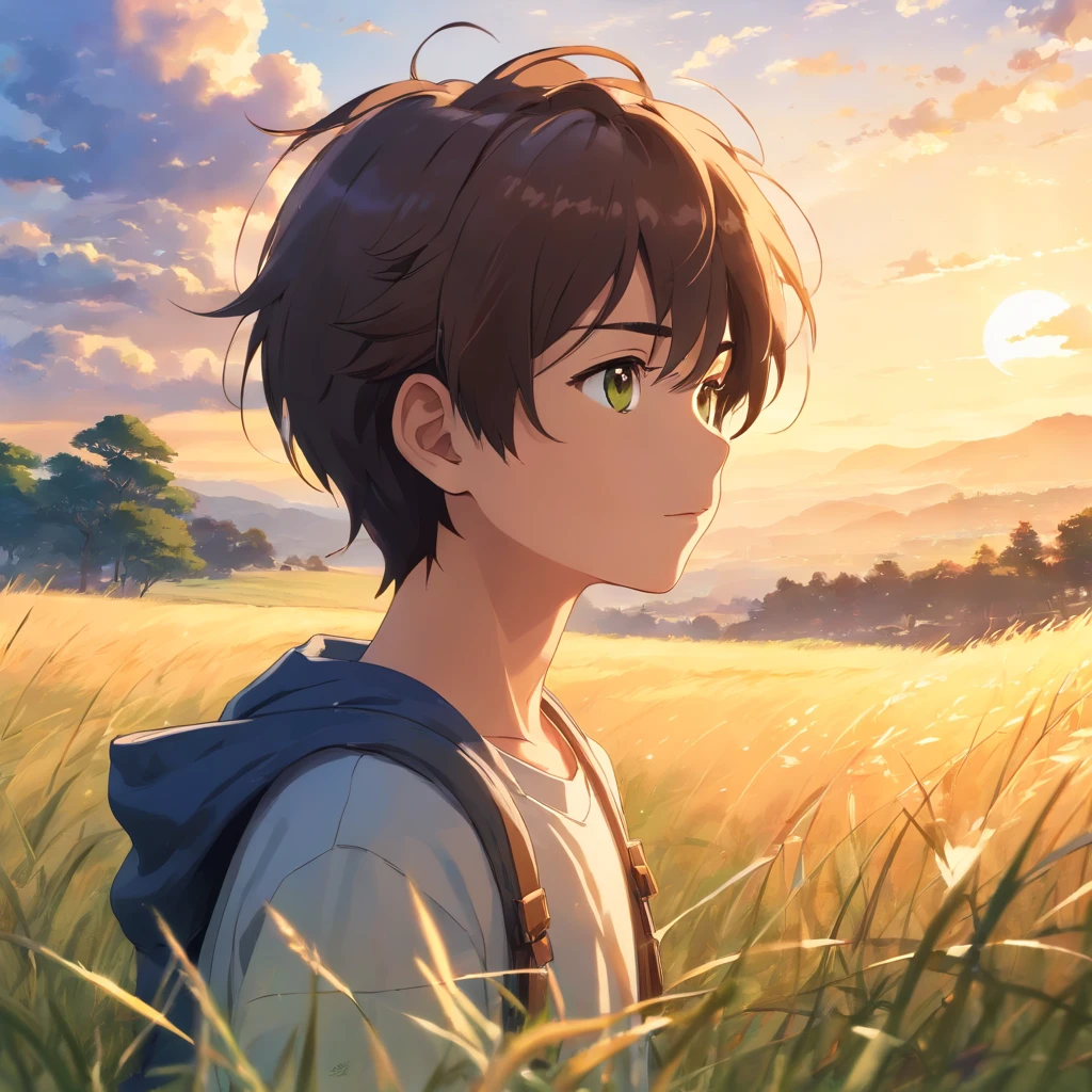 (best quality,4k,8k,highres,masterpiece:1.2),ultra-detailed,(realistic,photorealistic,photo-realistic:1.37),beautiful detailed eyes,beautiful detailed lips,extremely detailed eyes and face,longeyelashes,youngboy in white shirt,sunset over the grassland,stunning sky colors,soft warm orange sunlight,lush green meadow flowing softly in the wind,silhouettes of graceful animals grazing peacefully,horizontal rays of sunlight piercing through the clouds and illuminating the landscape,serene and tranquil atmosphere,gentle breeze rustling through the grass,long shadows stretching across the ground,serene expressions on the boy's face,soft golden light casting a warm glow on everything around,serene and tranquil atmosphere,peaceful and serene view of the grassland bathed in golden light,harmony between nature and the boy,serene beauty of nature unfolding as the sun sets over the grassland.