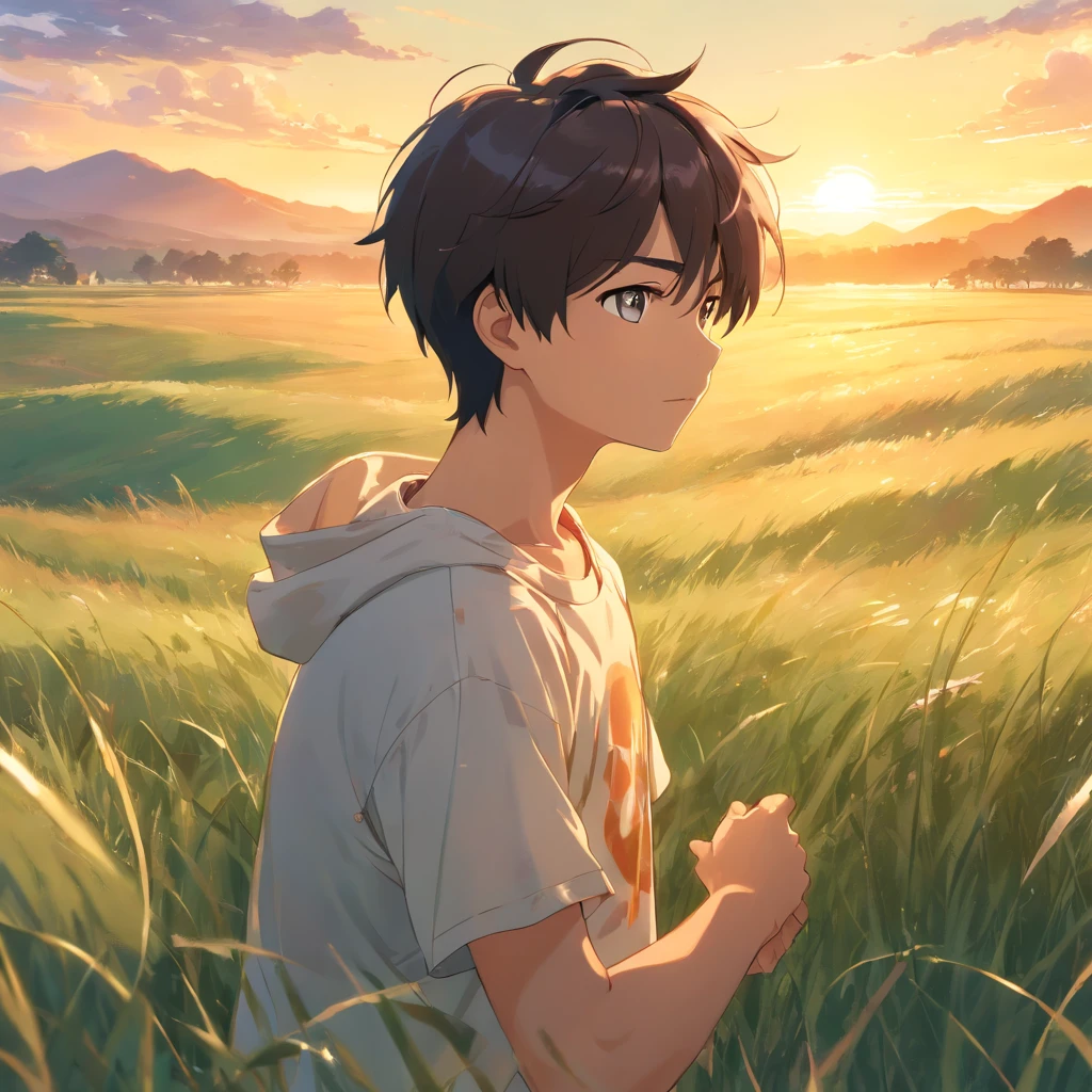 (best quality,4k,8k,highres,masterpiece:1.2),ultra-detailed,(realistic,photorealistic,photo-realistic:1.37),beautiful detailed eyes,beautiful detailed lips,extremely detailed eyes and face,longeyelashes,youngboy in white shirt,sunset over the grassland,stunning sky colors,soft warm orange sunlight,lush green meadow flowing softly in the wind,silhouettes of graceful animals grazing peacefully,horizontal rays of sunlight piercing through the clouds and illuminating the landscape,serene and tranquil atmosphere,gentle breeze rustling through the grass,long shadows stretching across the ground,serene expressions on the boy's face,soft golden light casting a warm glow on everything around,serene and tranquil atmosphere,peaceful and serene view of the grassland bathed in golden light,harmony between nature and the boy,serene beauty of nature unfolding as the sun sets over the grassland.