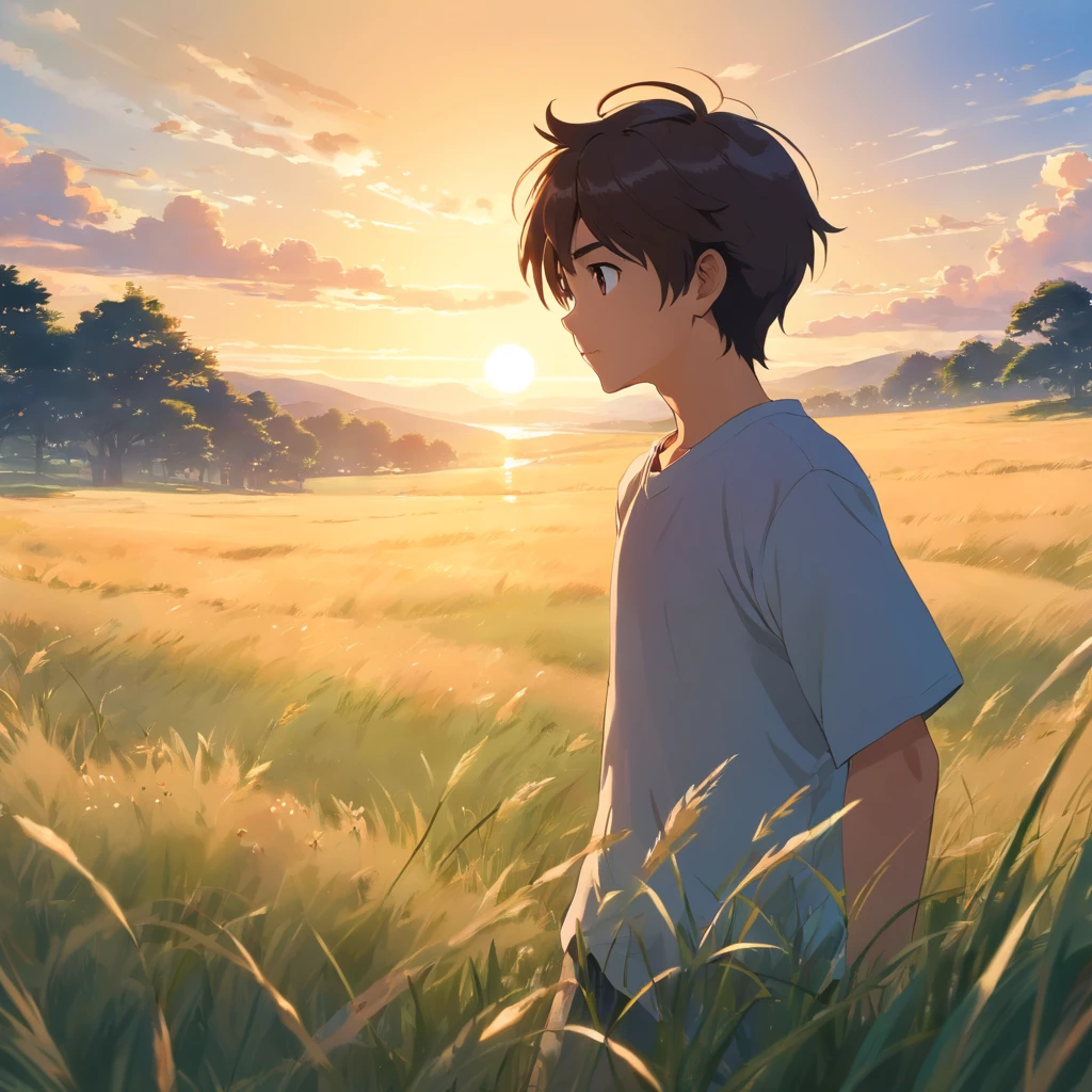 (best quality,4k,8k,highres,masterpiece:1.2),ultra-detailed,(realistic,photorealistic,photo-realistic:1.37),beautiful detailed eyes,beautiful detailed lips,extremely detailed eyes and face,longeyelashes,youngboy in white shirt,sunset over the grassland,stunning sky colors,soft warm orange sunlight,lush green meadow flowing softly in the wind,silhouettes of graceful animals grazing peacefully,horizontal rays of sunlight piercing through the clouds and illuminating the landscape,serene and tranquil atmosphere,gentle breeze rustling through the grass,long shadows stretching across the ground,serene expressions on the boy's face,soft golden light casting a warm glow on everything around,serene and tranquil atmosphere,peaceful and serene view of the grassland bathed in golden light,harmony between nature and the boy,serene beauty of nature unfolding as the sun sets over the grassland.